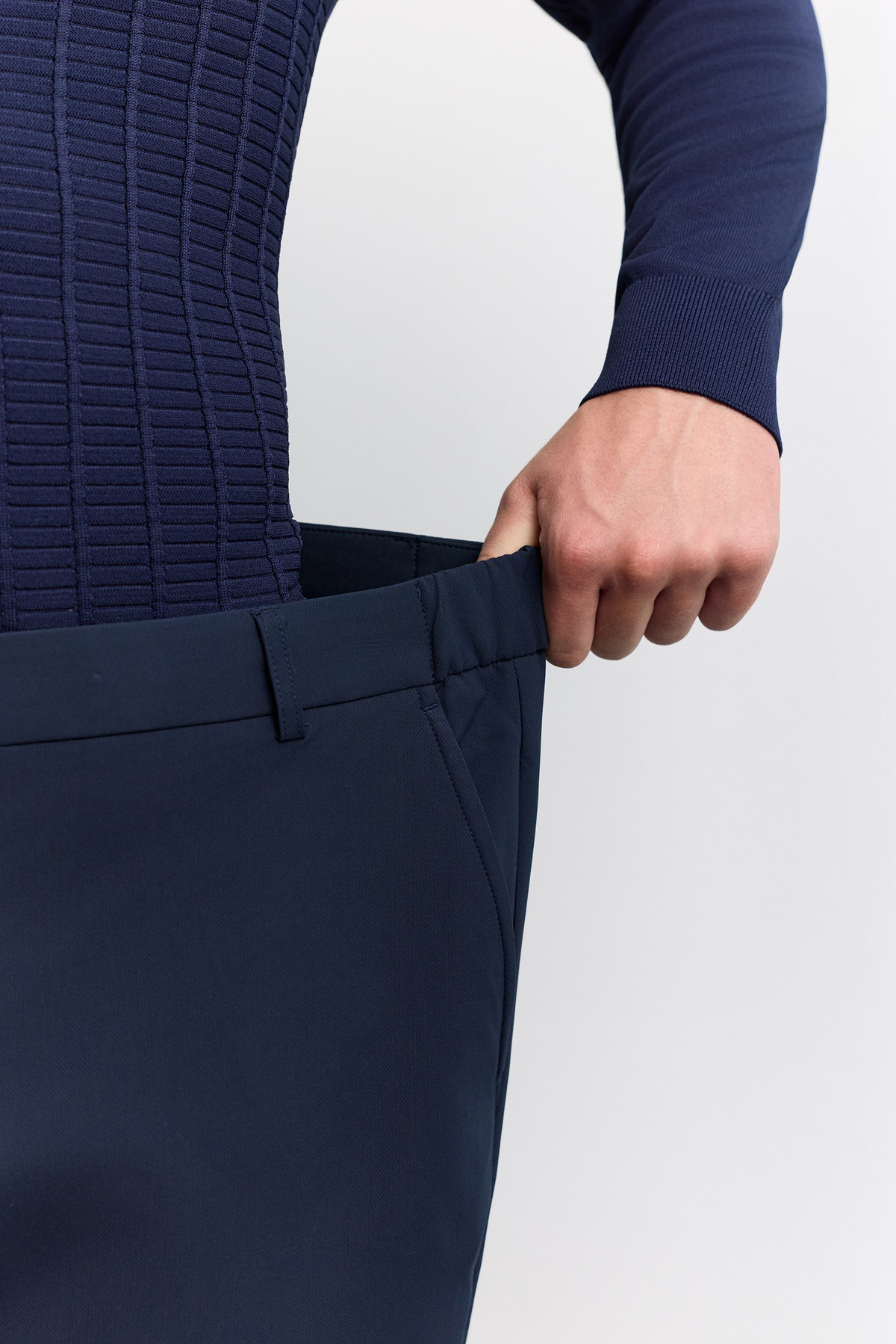 Lacivert Yan Cepli Teknik  Beli Lastikli Slim Fit Arka Cep Çıtçıtlı Pantolan