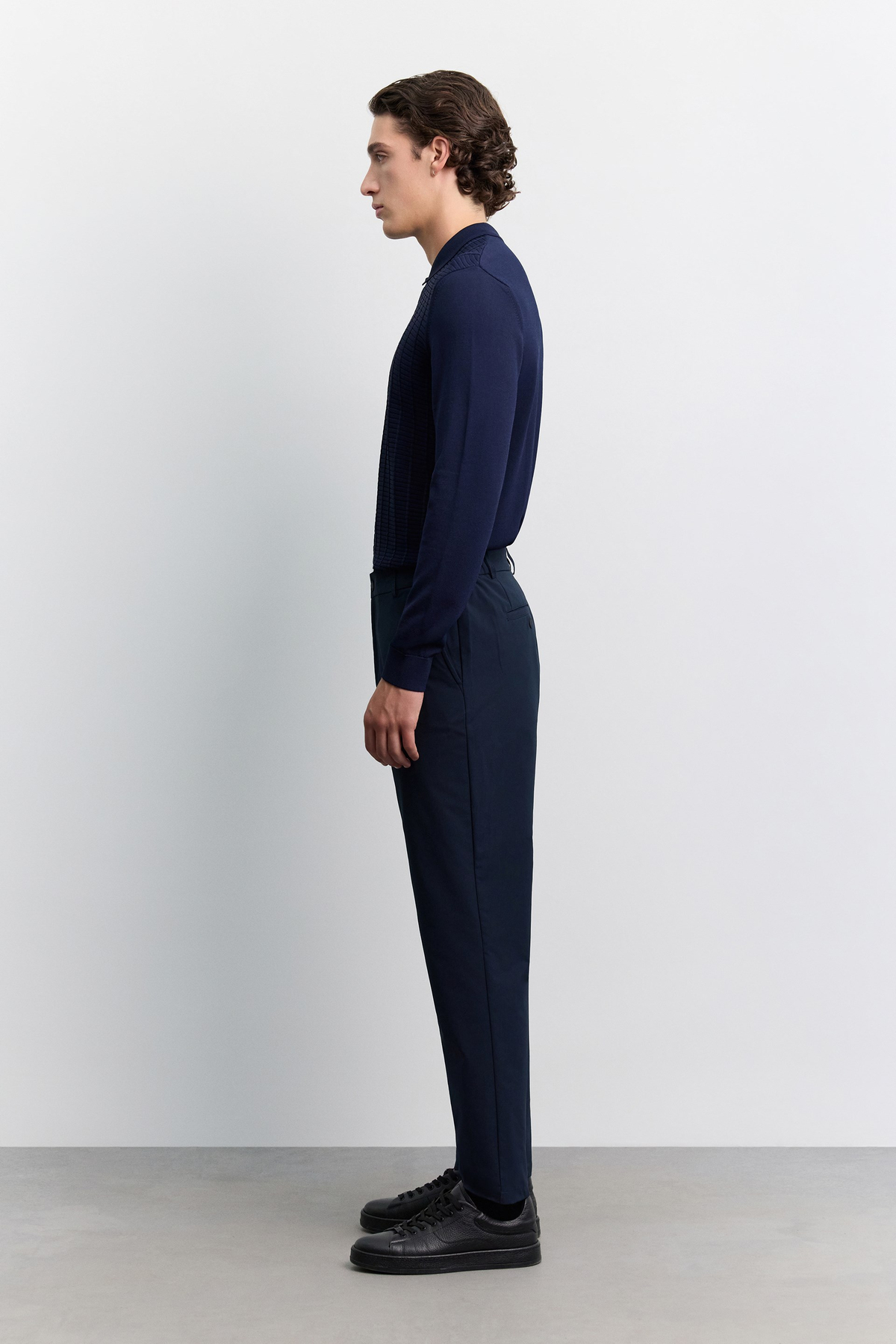 Lacivert Yan Cepli Teknik  Beli Lastikli Slim Fit Arka Cep Çıtçıtlı Pantolan