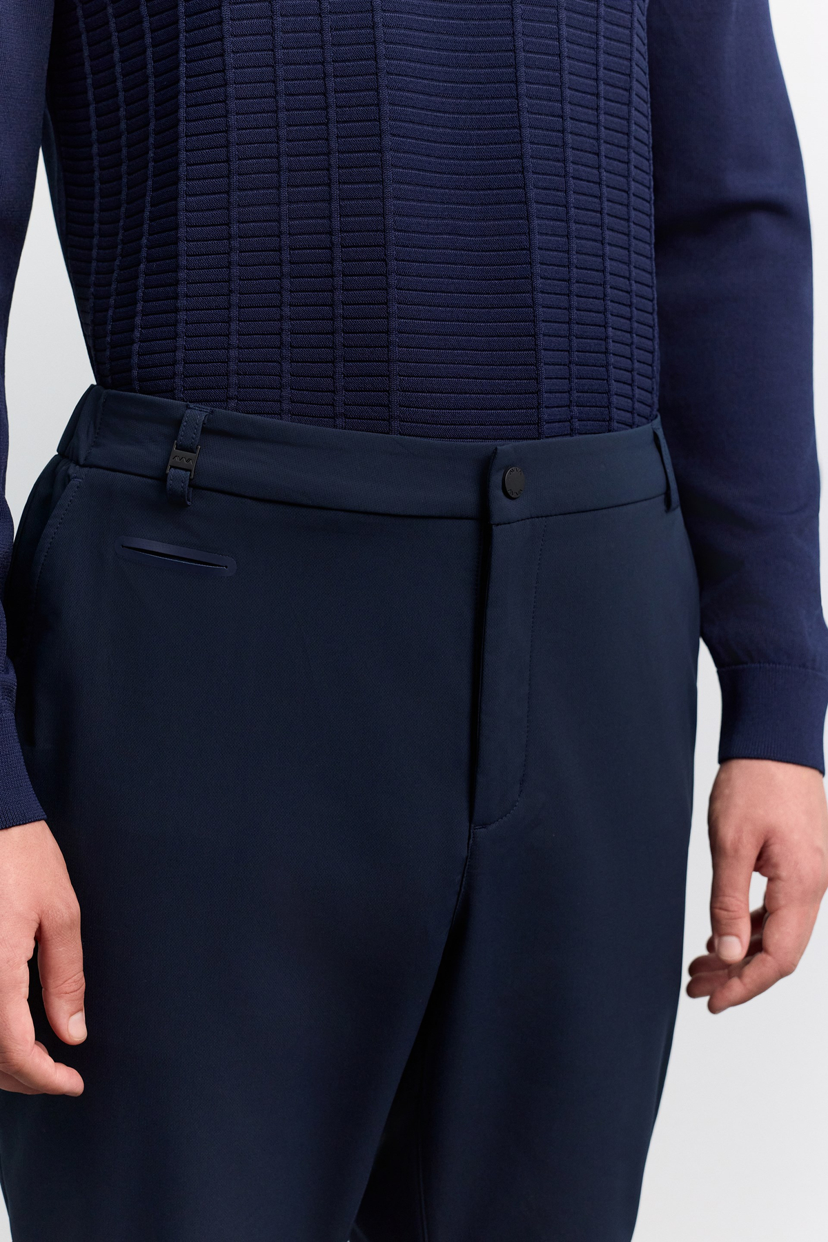 Lacivert Yan Cepli Teknik  Beli Lastikli Slim Fit Arka Cep Çıtçıtlı Pantolan