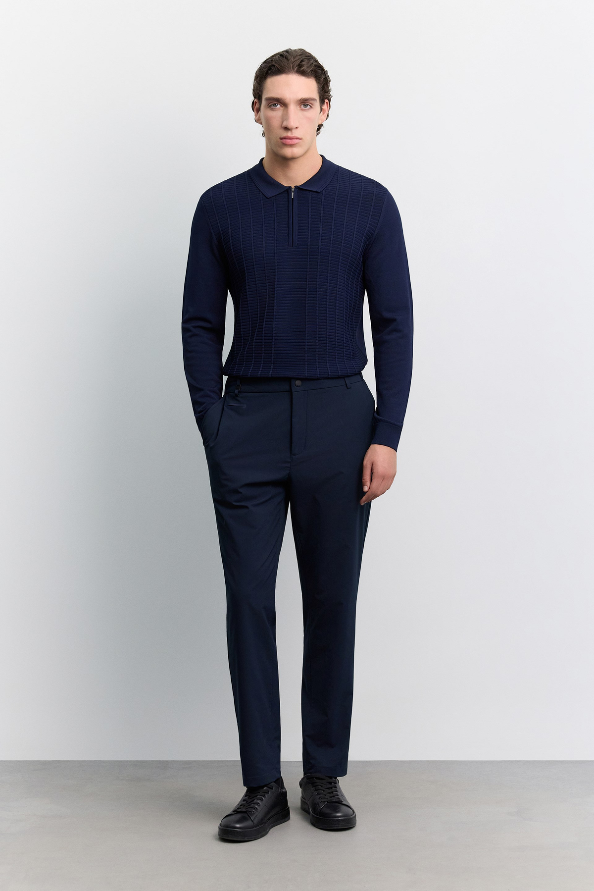 Lacivert Yan Cepli Teknik  Beli Lastikli Slim Fit Arka Cep Çıtçıtlı Pantolan