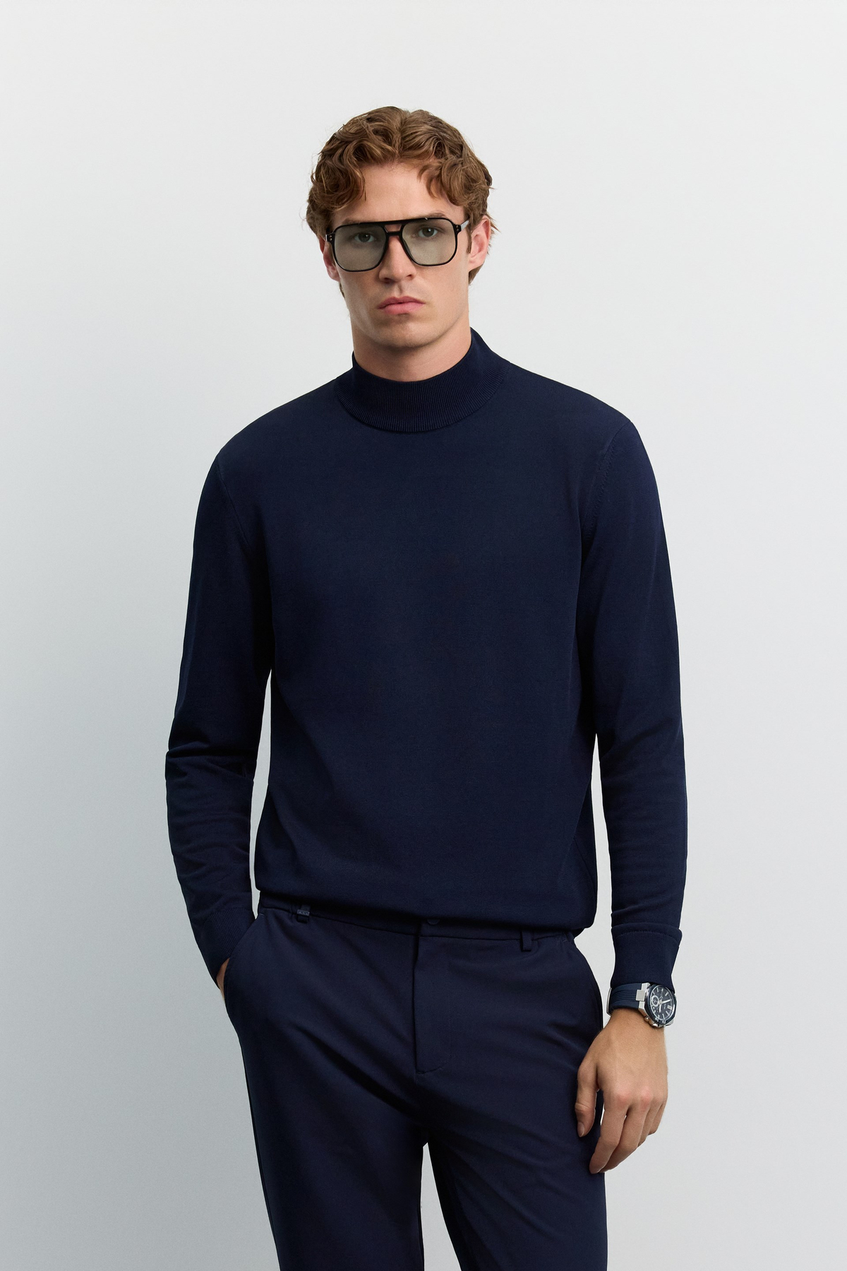 Lacivert Yarım Balıkçi Yaka Basic Düz Rayon Kazak