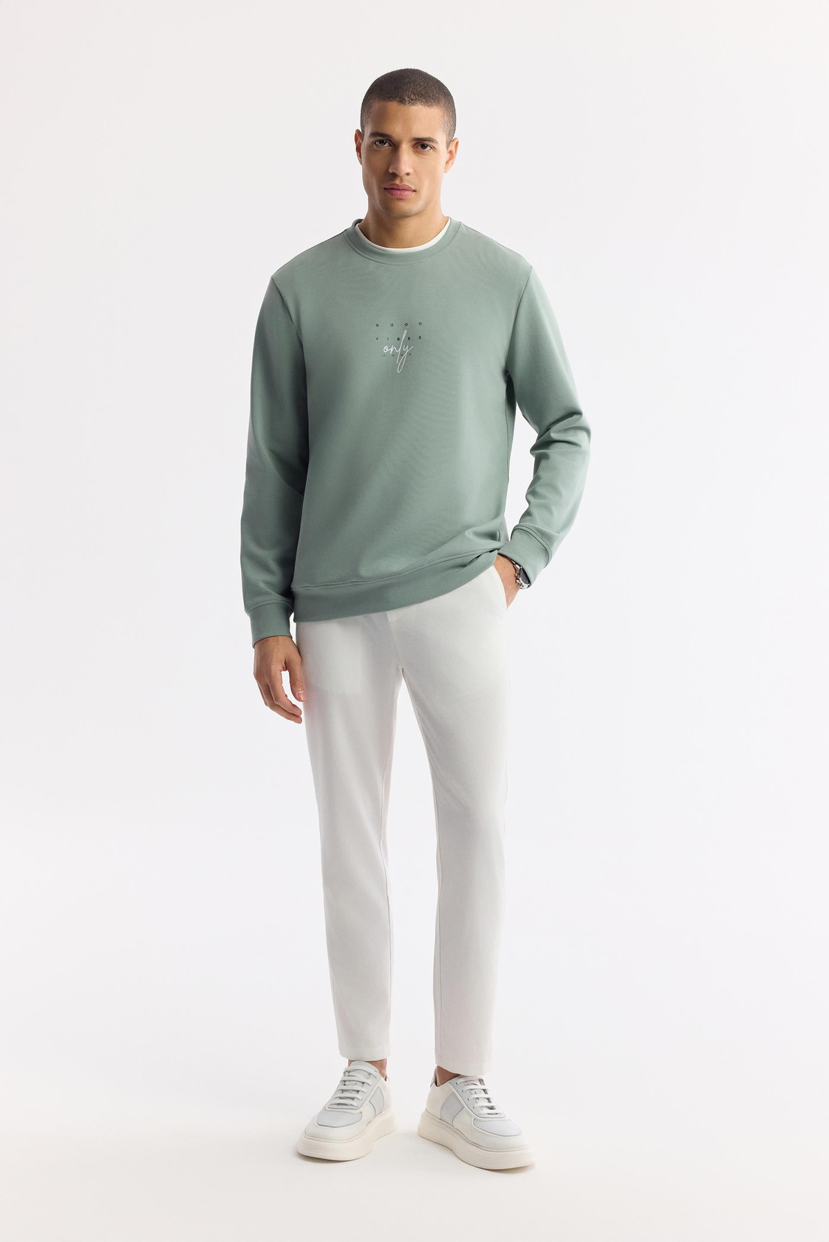 Mint Yeşil Bisiklet Yaka Baskılı İnterlok Sweatshirt