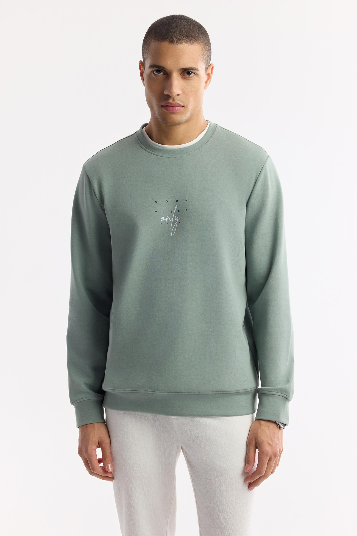 Mint Yeşil Bisiklet Yaka Baskılı İnterlok Sweatshirt