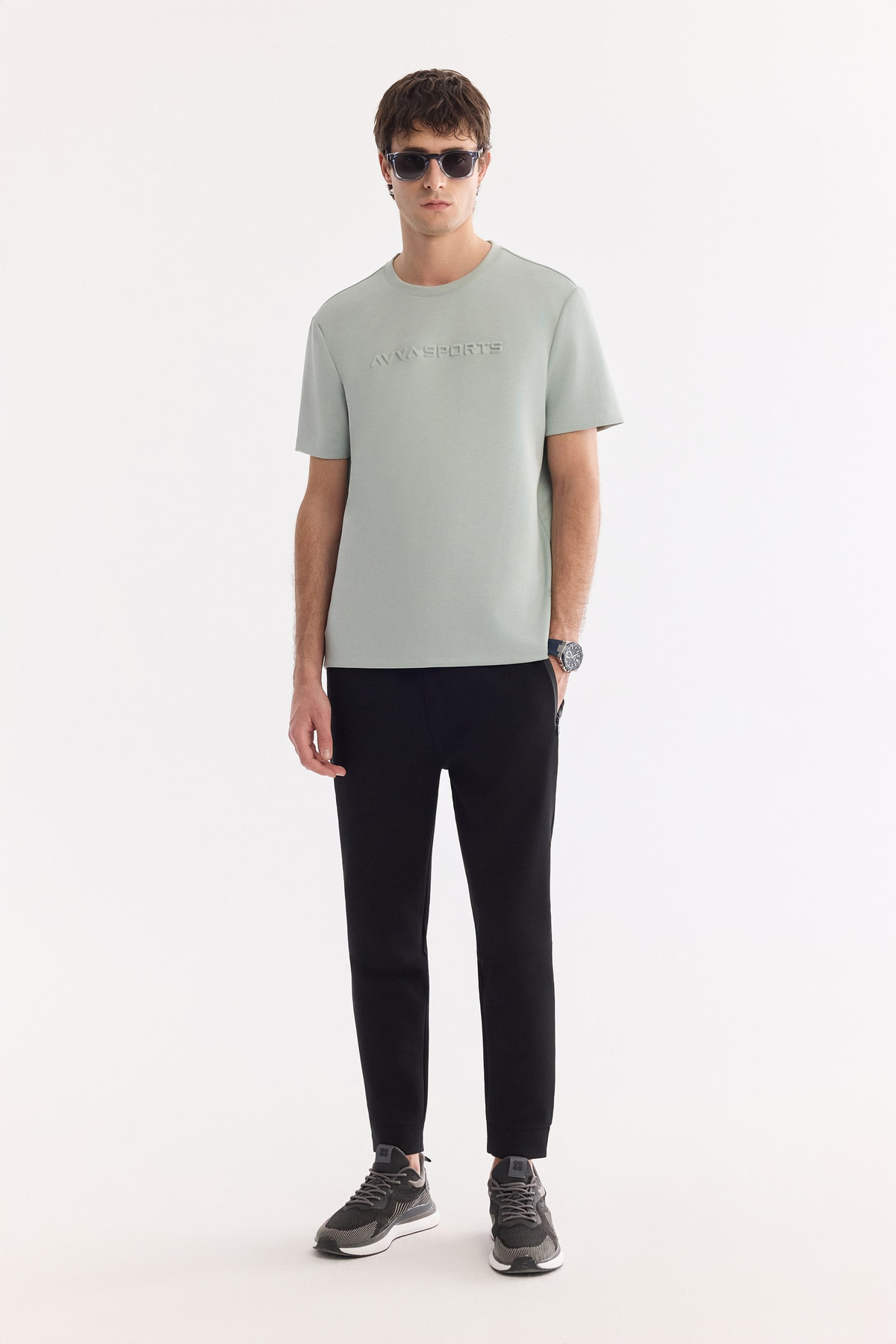 Mint Yeşil Bisiklet Yaka Gofre  Baskılı İnterlok T-Shirt