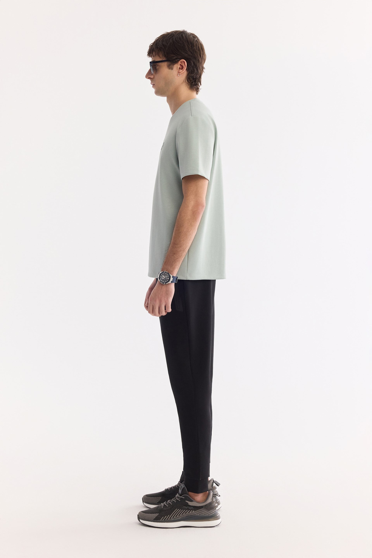 Mint Yeşil Bisiklet Yaka Gofre  Baskılı İnterlok T-Shirt