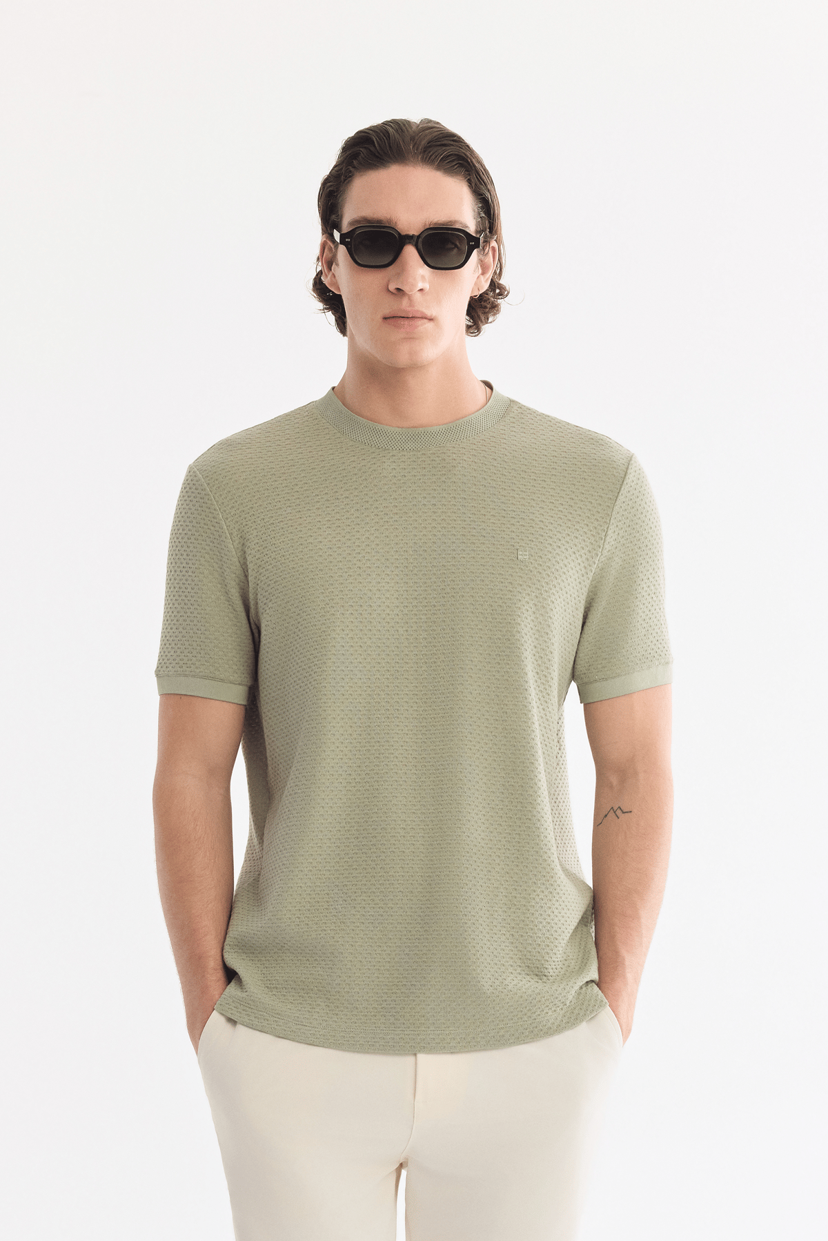 Mint Yeşil Bisiklet Yaka Jakarlı T-Shirt