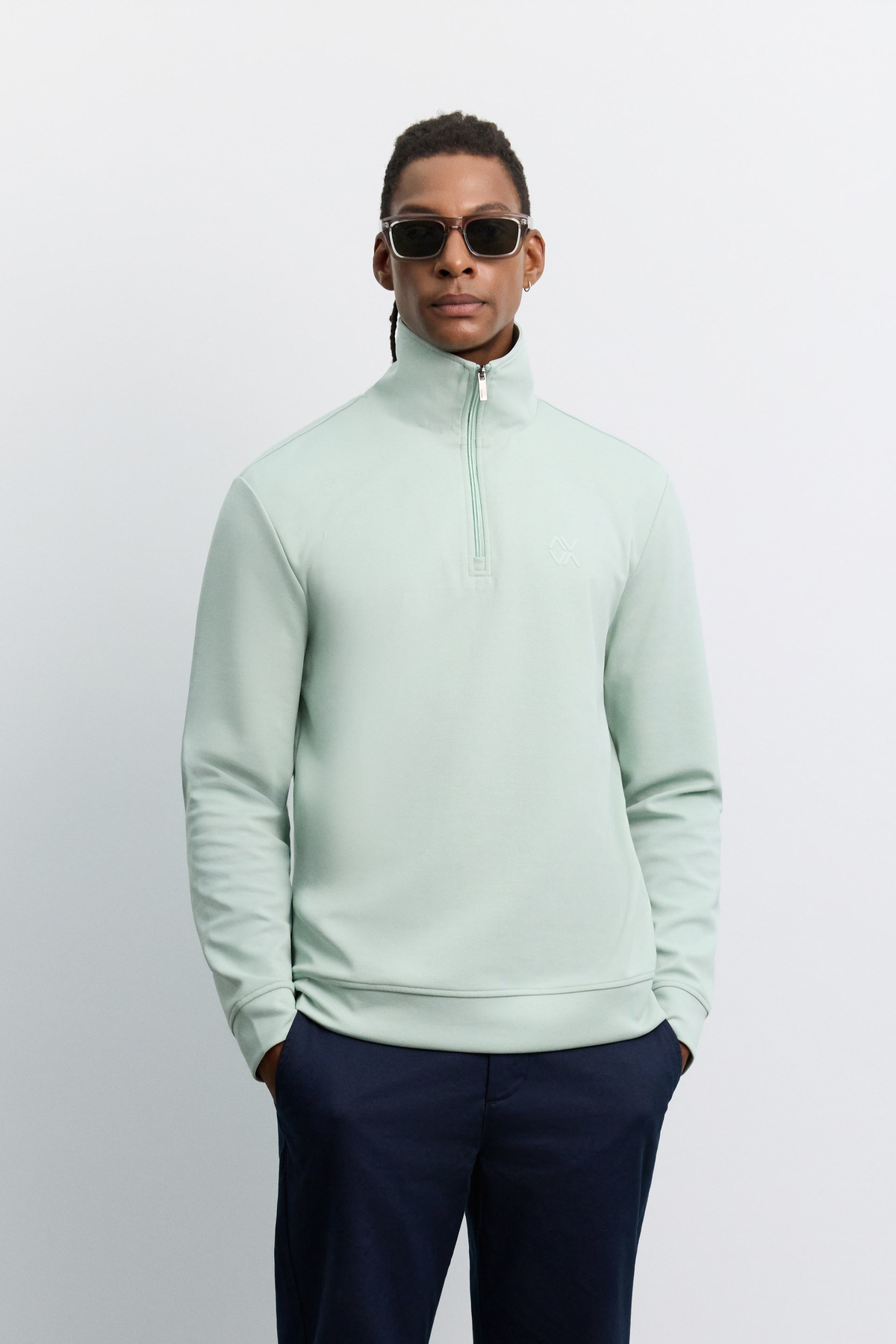 Mint Yeşil Dik Yaka Fermuarlı Baskılı Kolay Ütülenen İnterlok Sweatshirt