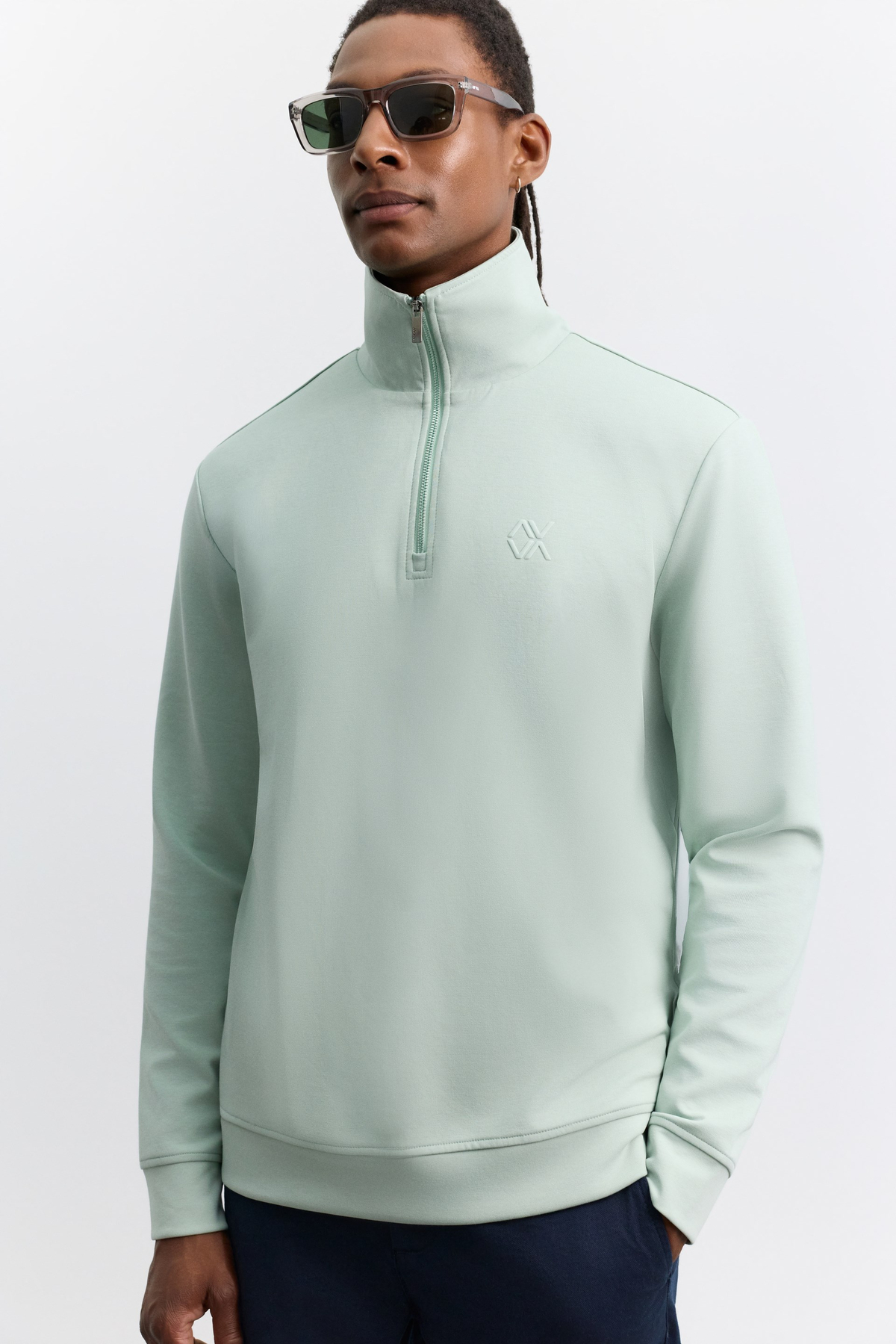Mint Yeşil Dik Yaka Fermuarlı Baskılı Kolay Ütülenen İnterlok Sweatshirt