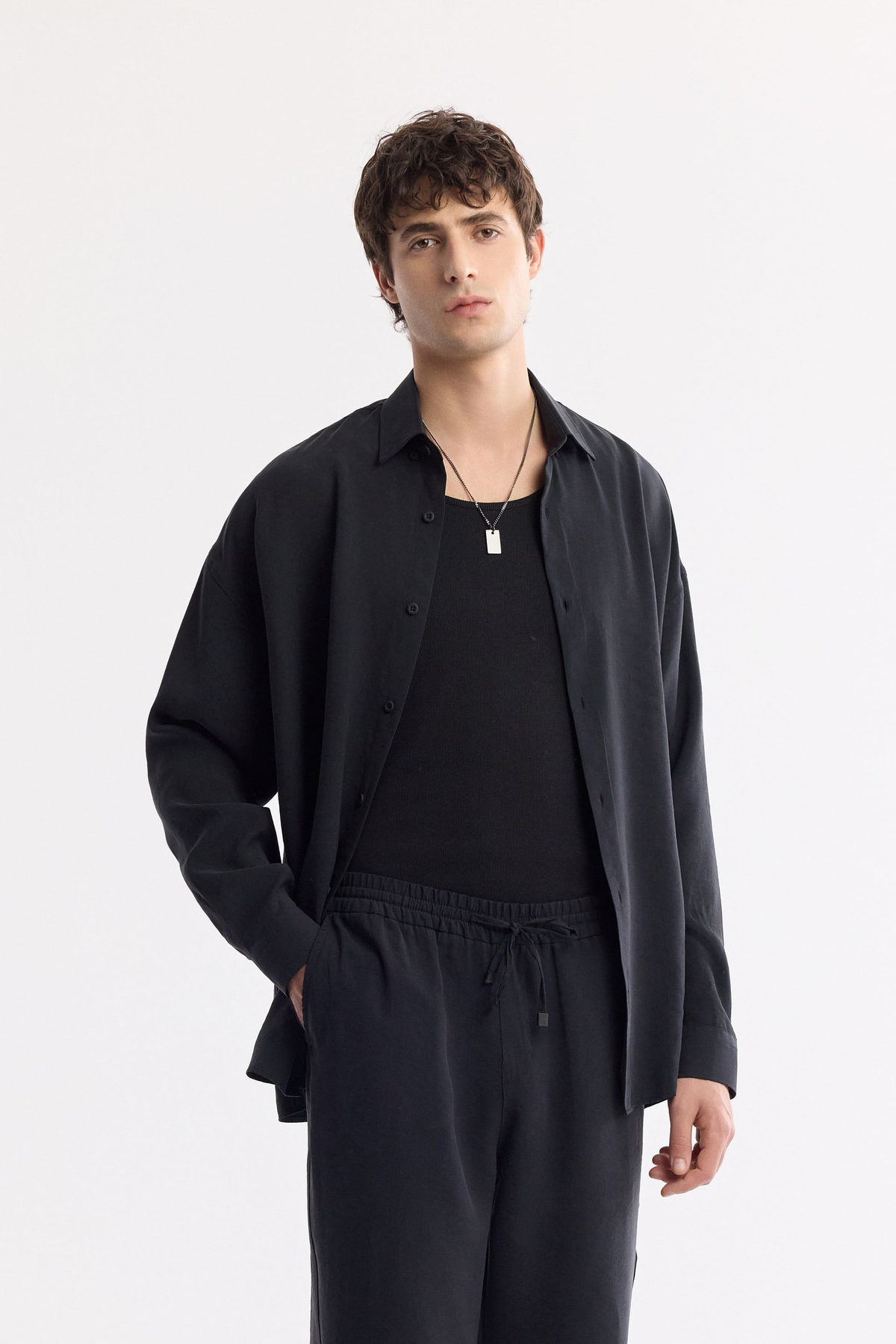  Black Elastic Waist Drawstring Modal Blend Pants
