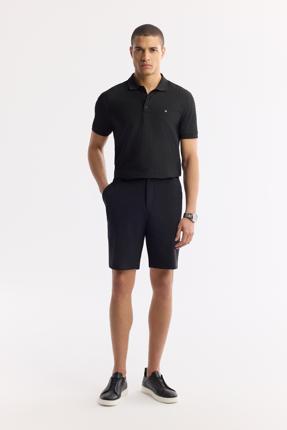 Black Elastic Waist Bi-Stretch Technical Fabric Shorts