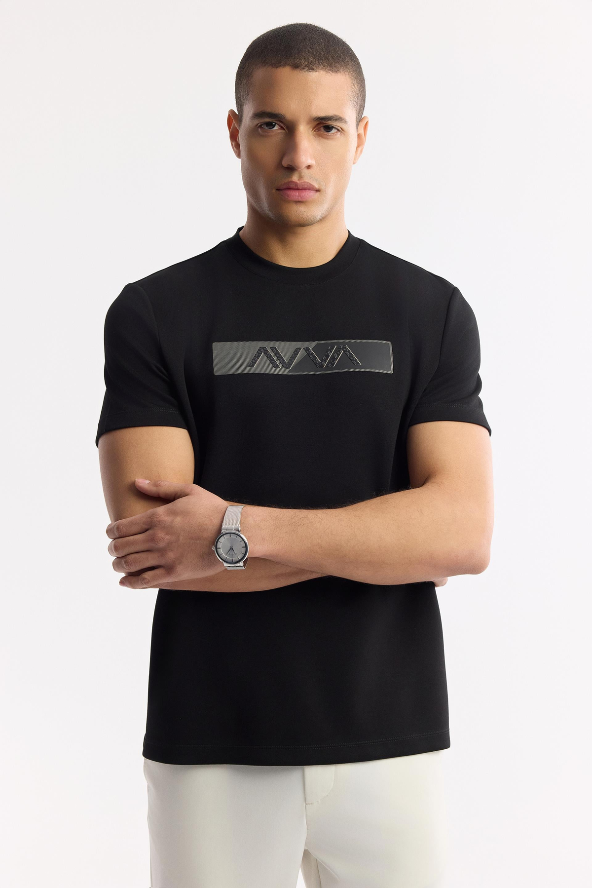 Siyah Bisiklet Yaka Baskılı Bi Stretch İnterlok T-Shirt