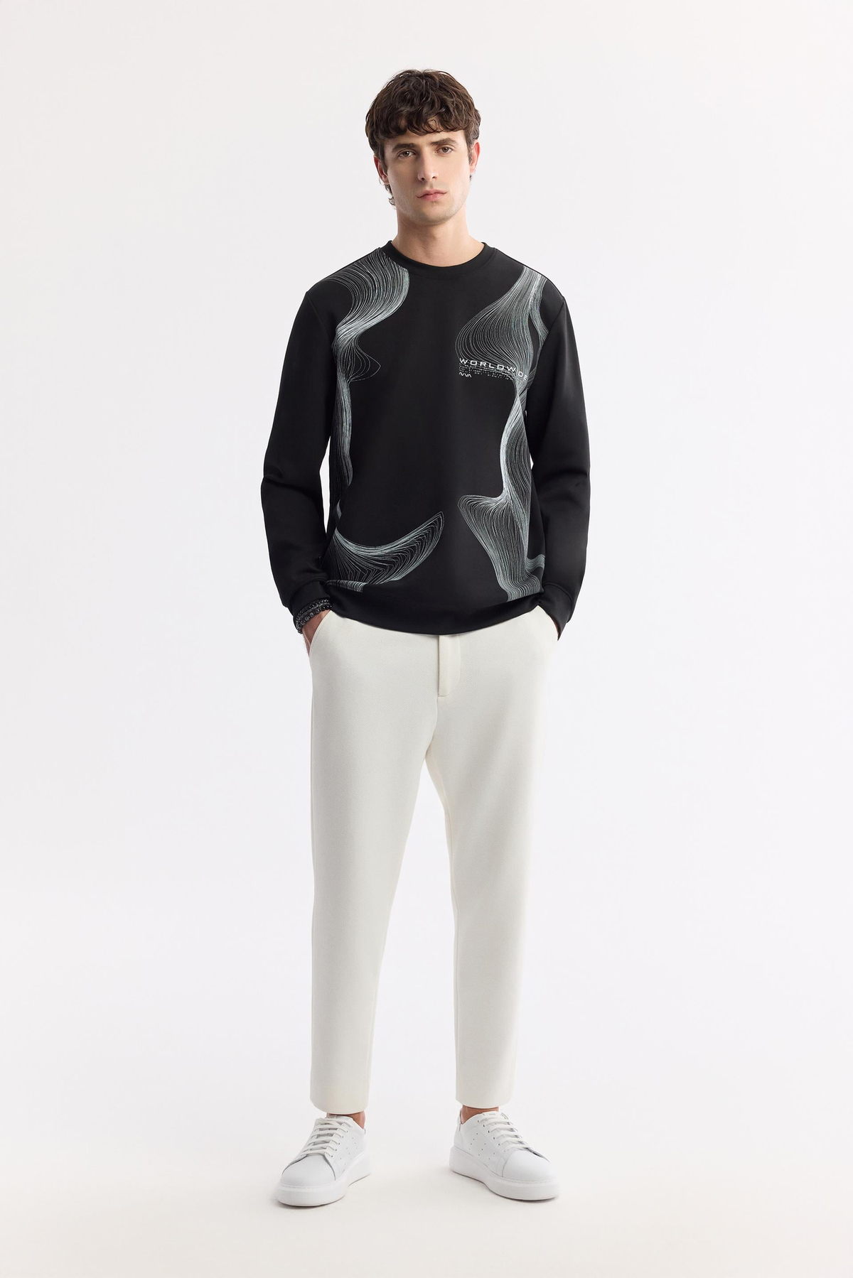 Siyah Bisiklet Yaka Baskılı İnterlok Sweatshirt