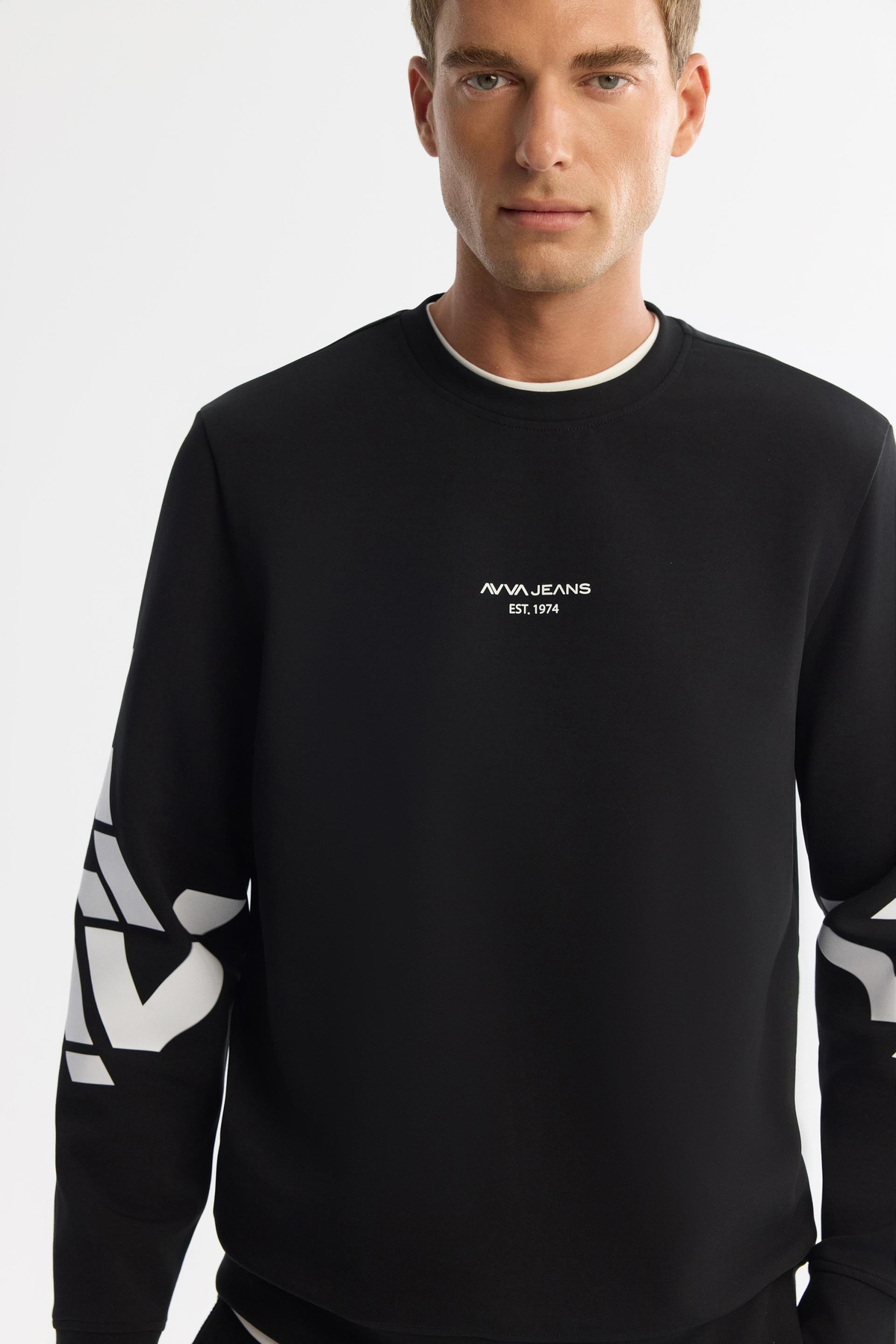 Siyah Bisiklet Yaka Baskılı  Sweatshirt
