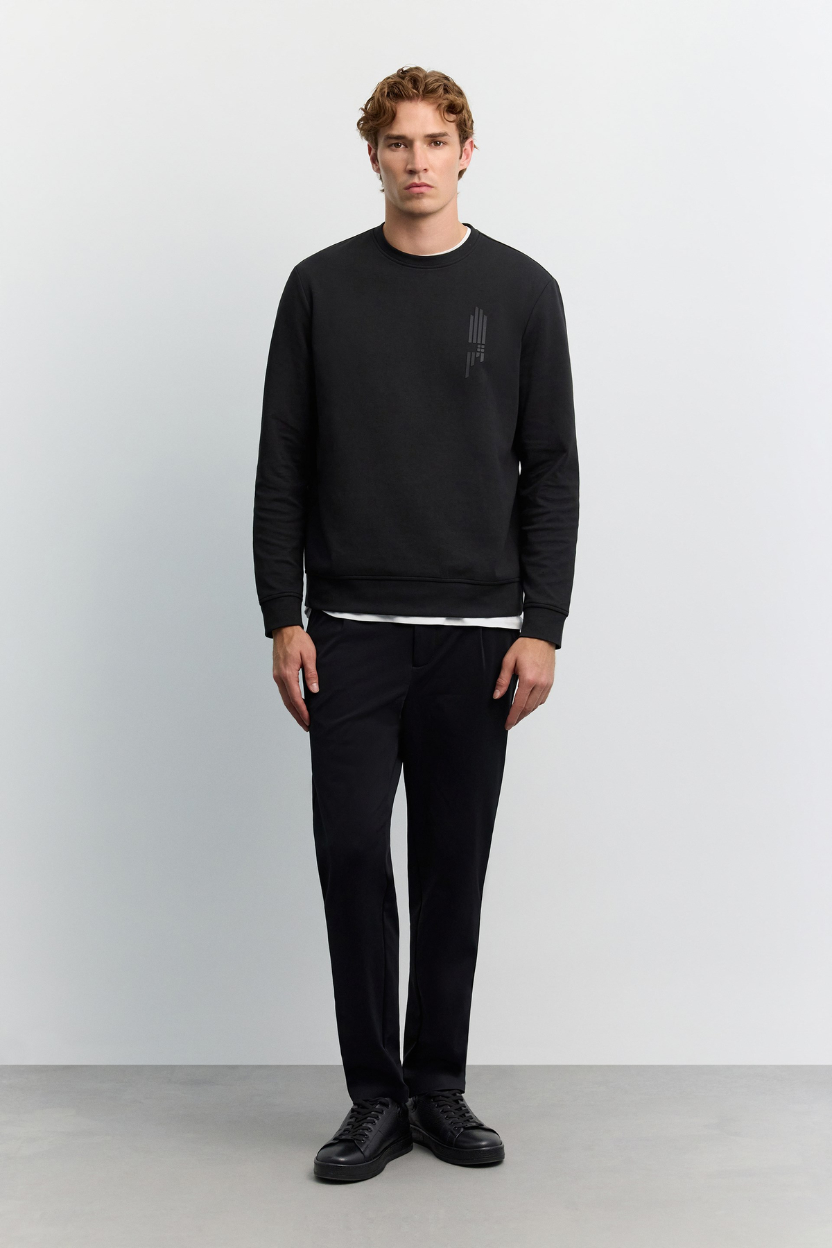 Siyah Bisiklet Yaka Boyuna Çizgi Silikon Baskılı İnterlok Sweatshirt