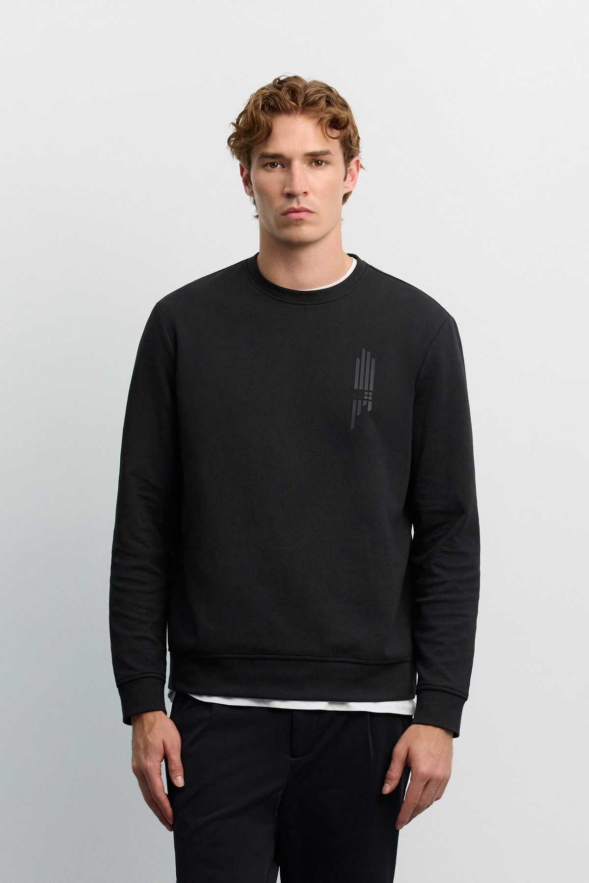 Siyah Bisiklet Yaka Boyuna Çizgi Silikon Baskılı İnterlok Sweatshirt