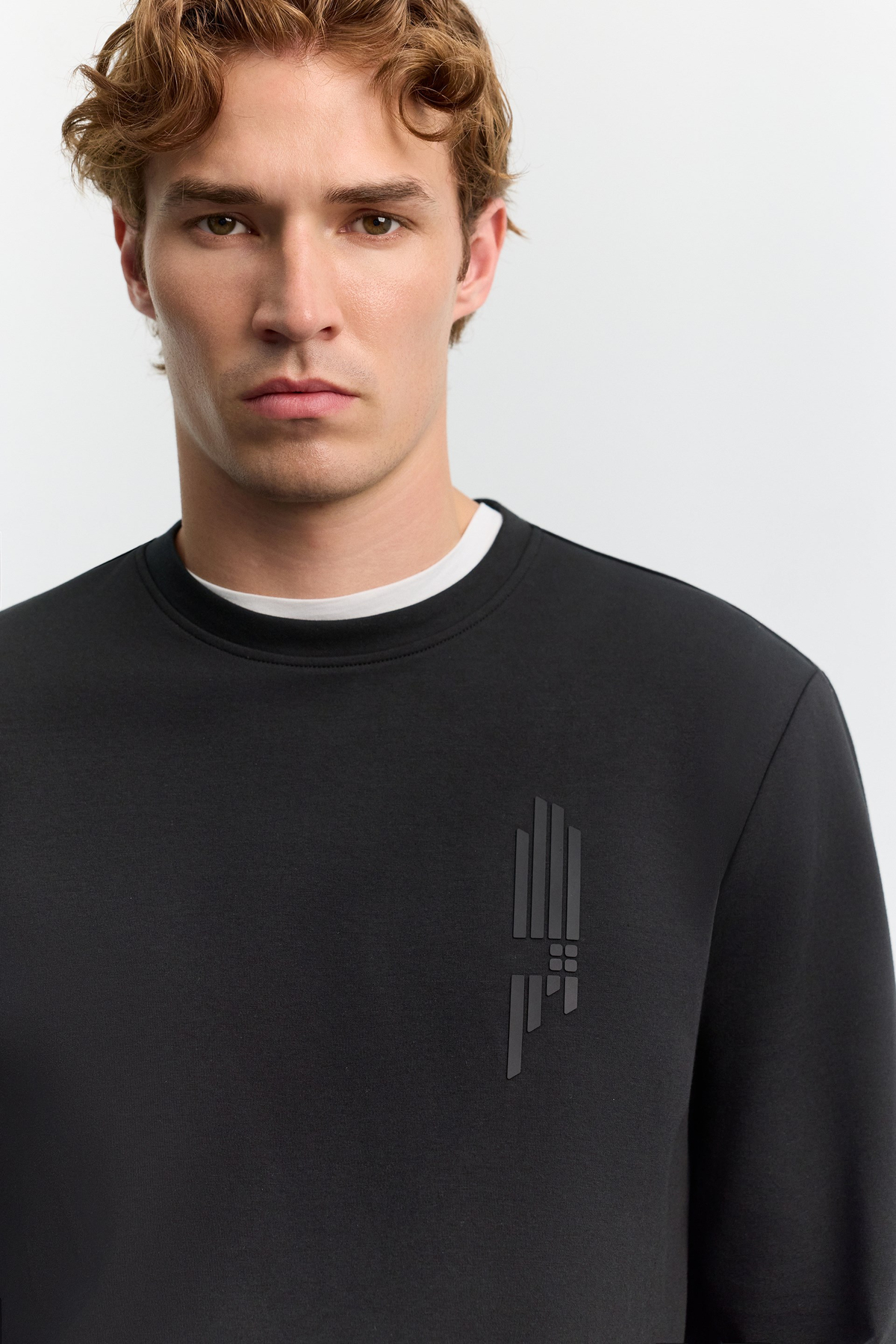 Siyah Bisiklet Yaka Boyuna Çizgi Silikon Baskılı İnterlok Sweatshirt