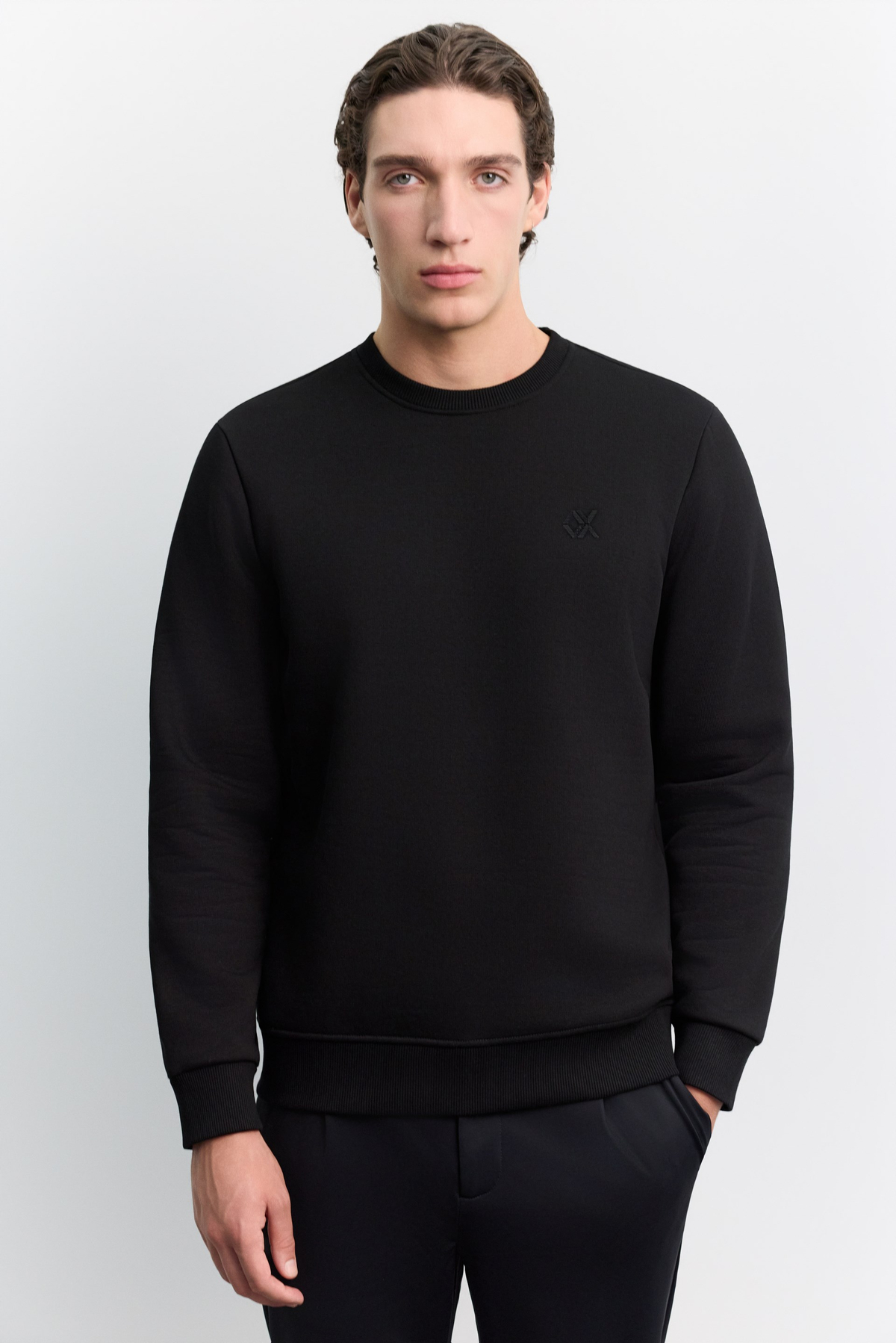 Siyah Bisiklet Yaka Enjeksiyon Baskılı 3 İplik Şardonlu Sweatshirt