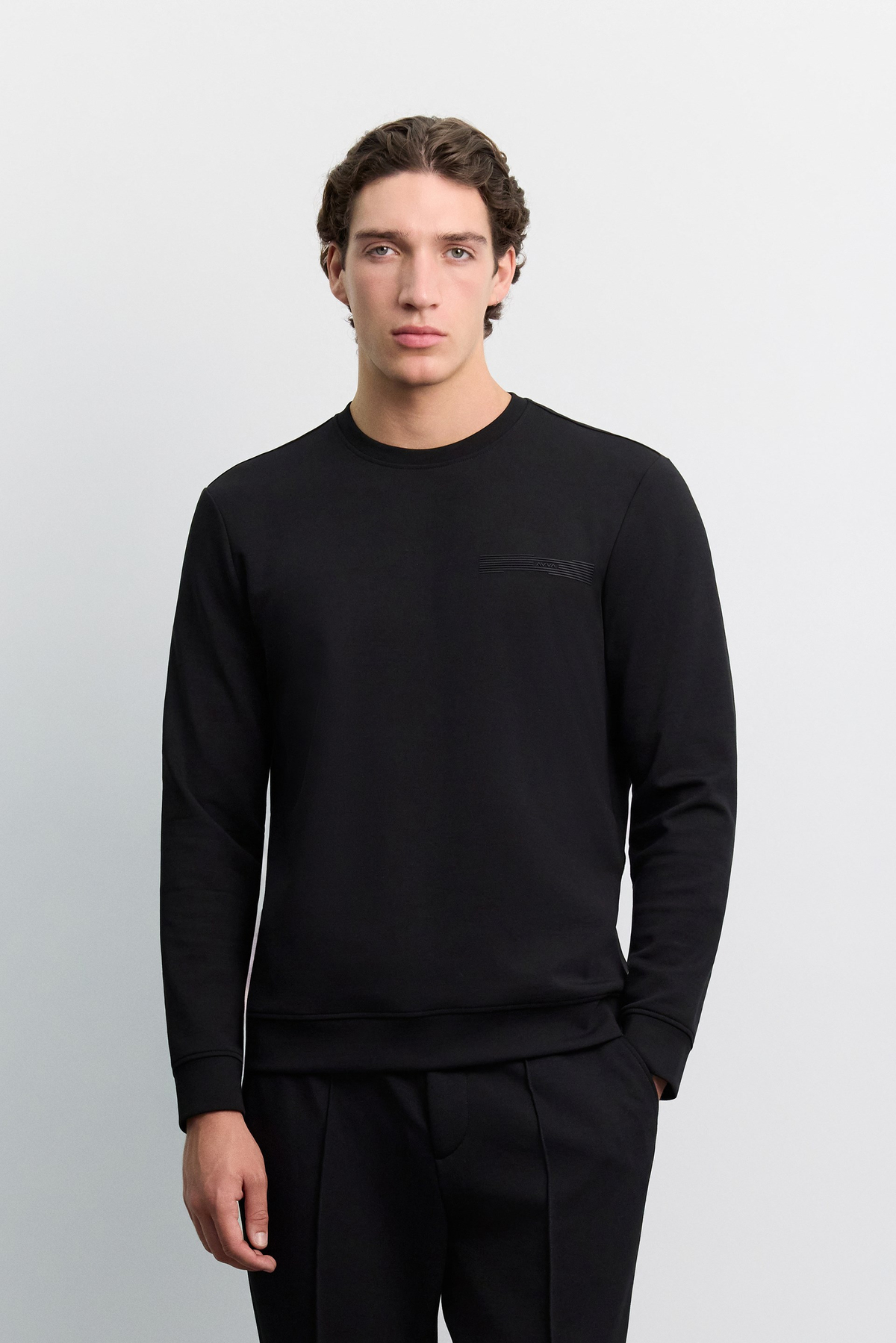 Siyah Bisiklet Yaka Enjeksiyon Baskılı  İnterlok  Sweatshirt