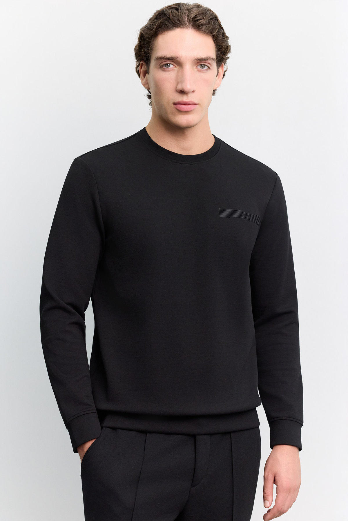 Siyah Bisiklet Yaka Enjeksiyon Baskılı  İnterlok  Sweatshirt
