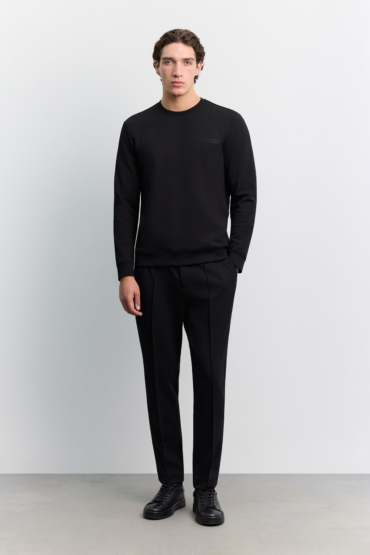 Siyah Bisiklet Yaka Enjeksiyon Baskılı  İnterlok  Sweatshirt