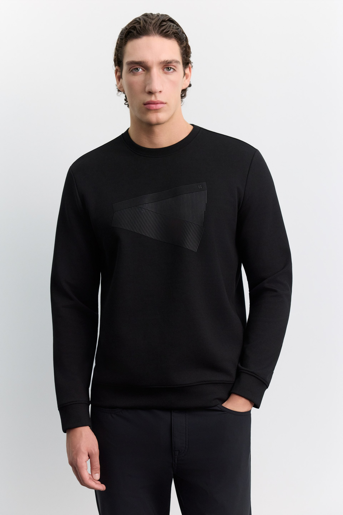 Siyah Bisiklet Yaka Enjeksiyon Baskılı İnterlok Sweatshirt