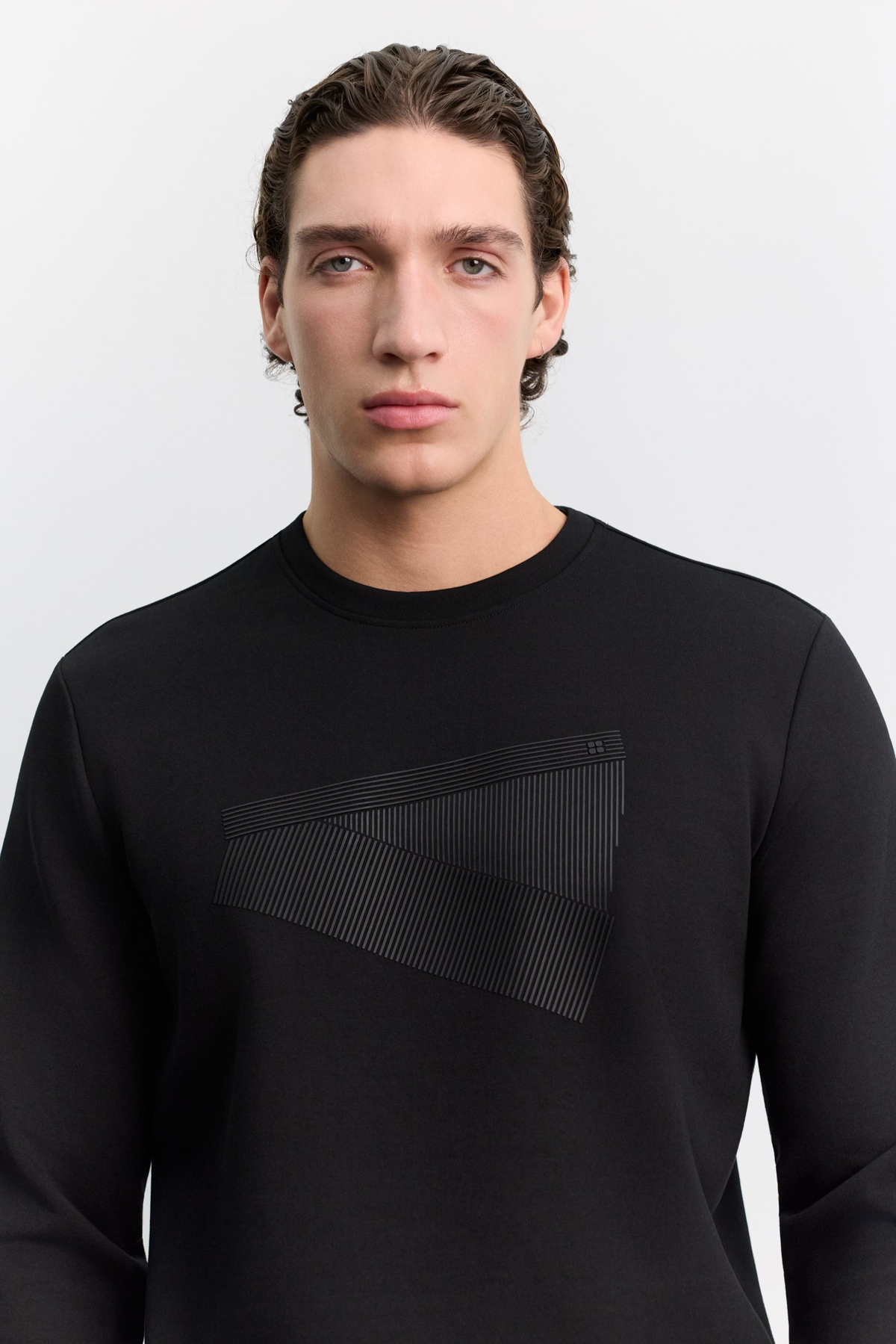 Siyah Bisiklet Yaka Enjeksiyon Baskılı İnterlok Sweatshirt