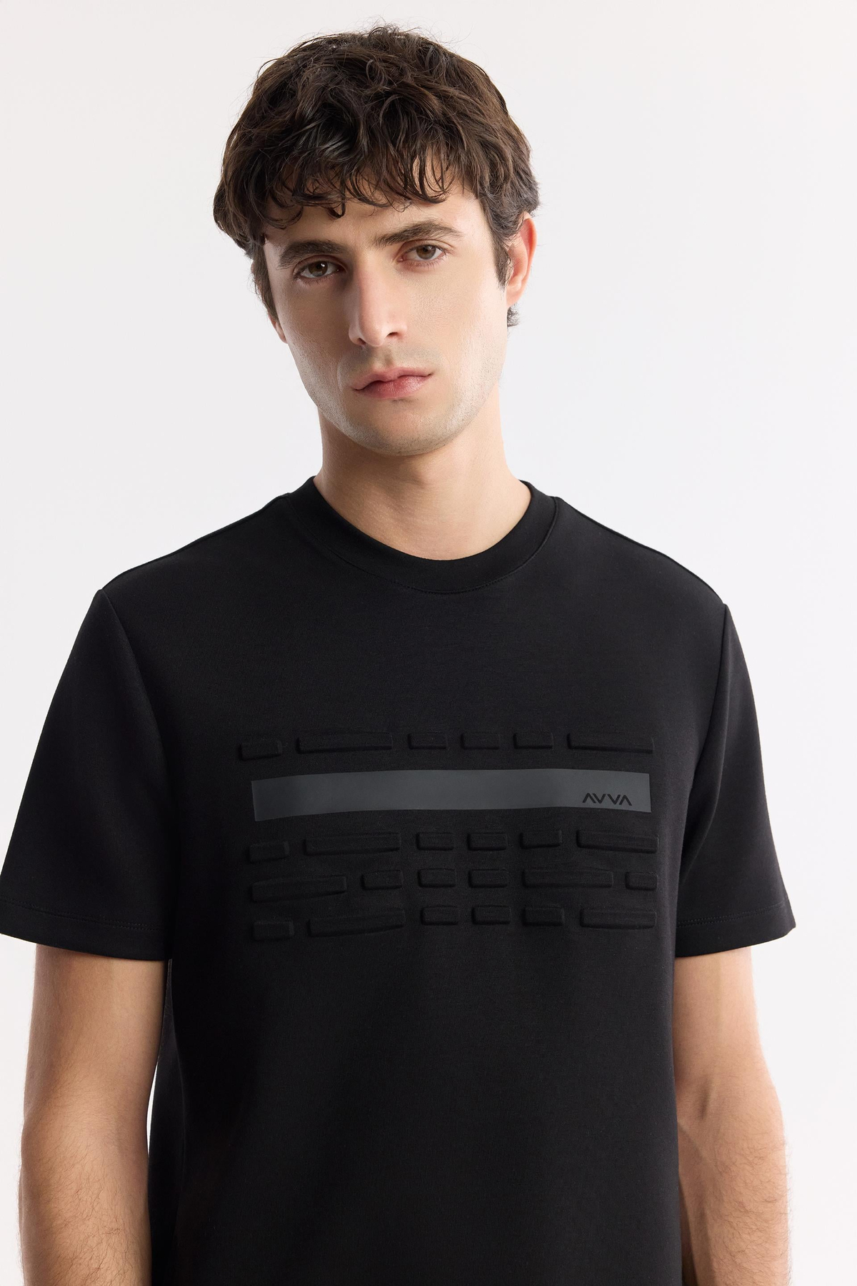 Siyah Bisiklet Yaka Flexi & Gofre Baskı Detaylı İnterlok T-Shirt