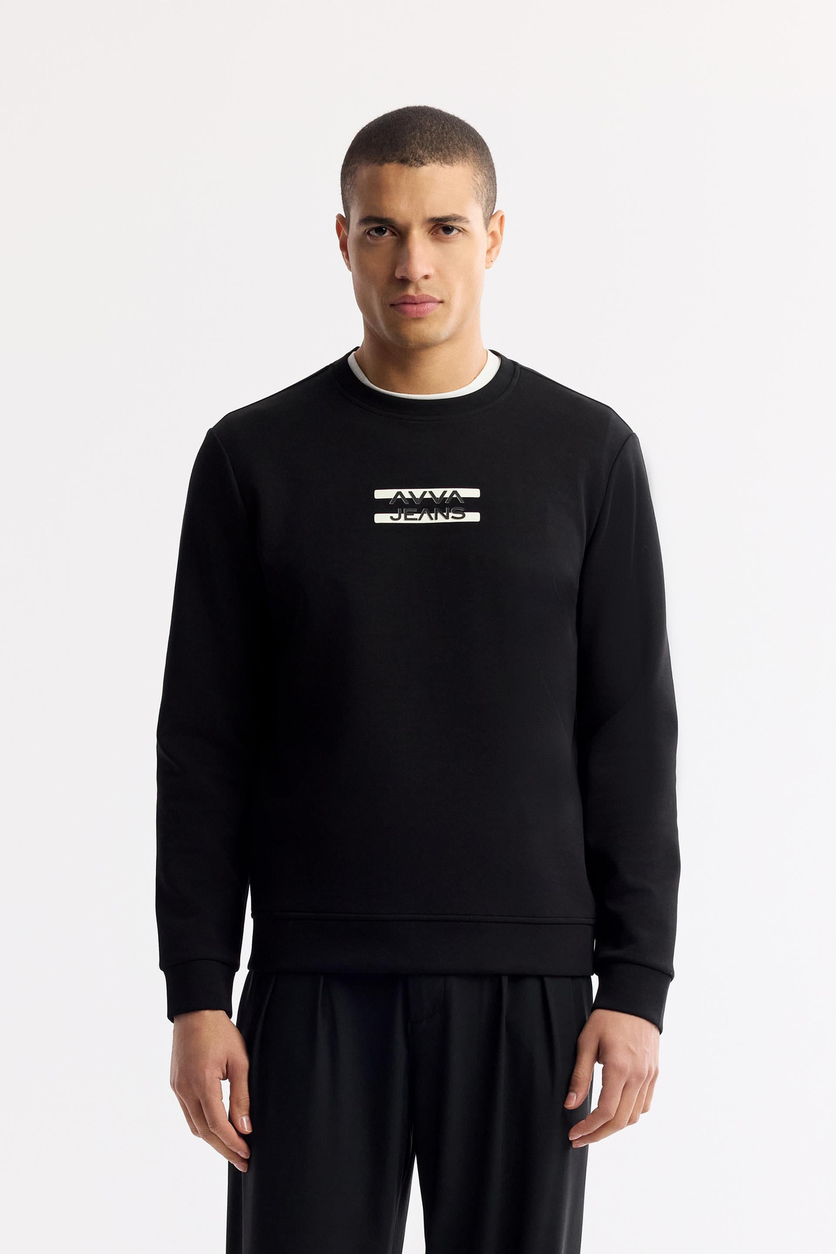 Siyah Bisiklet Yaka Silikon Transfer Baskılı İnterlok Sweatshirt