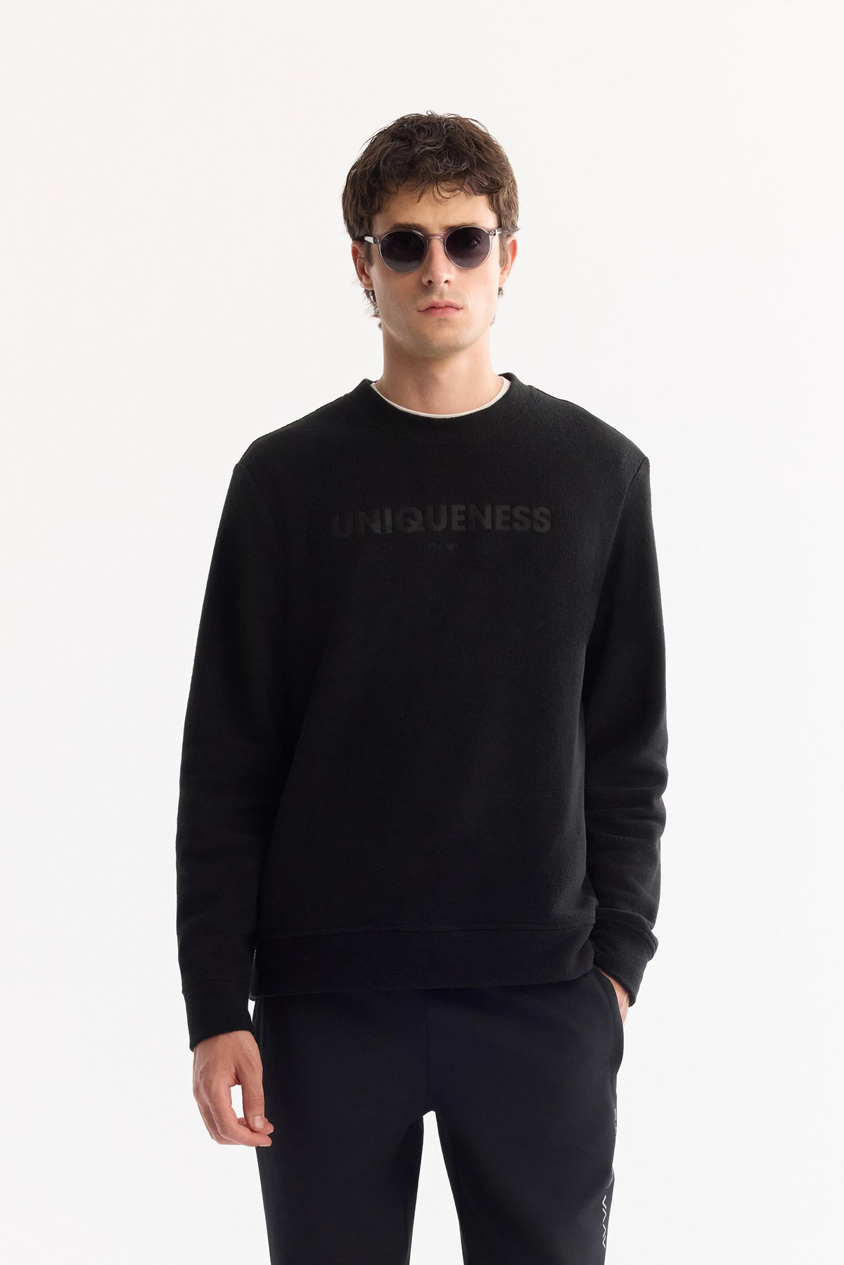 Siyah Bisiklet Yaka Slogan  Baskılı Polar Sweatshirt
