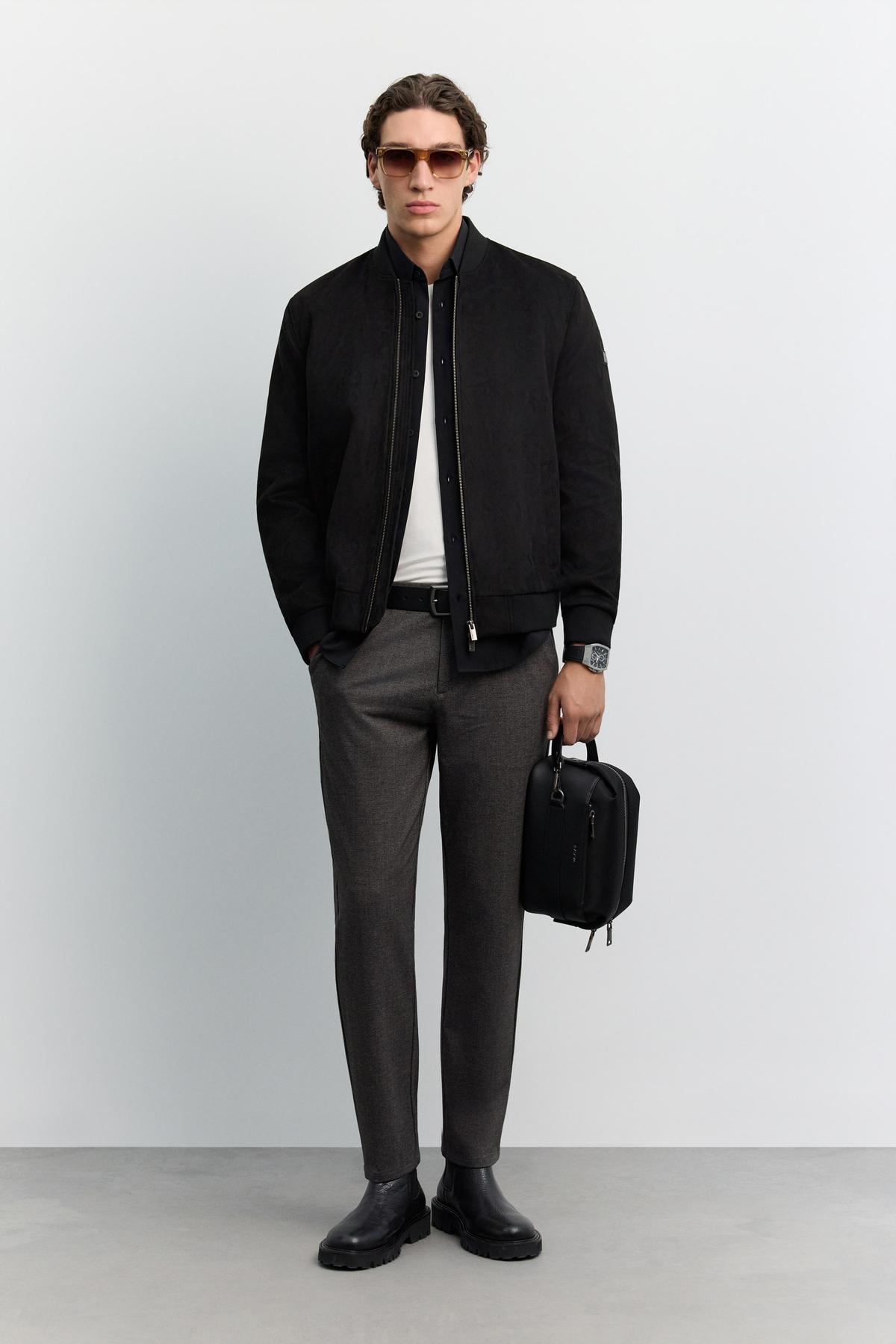 Black Faux Suede Bomber Jacket
