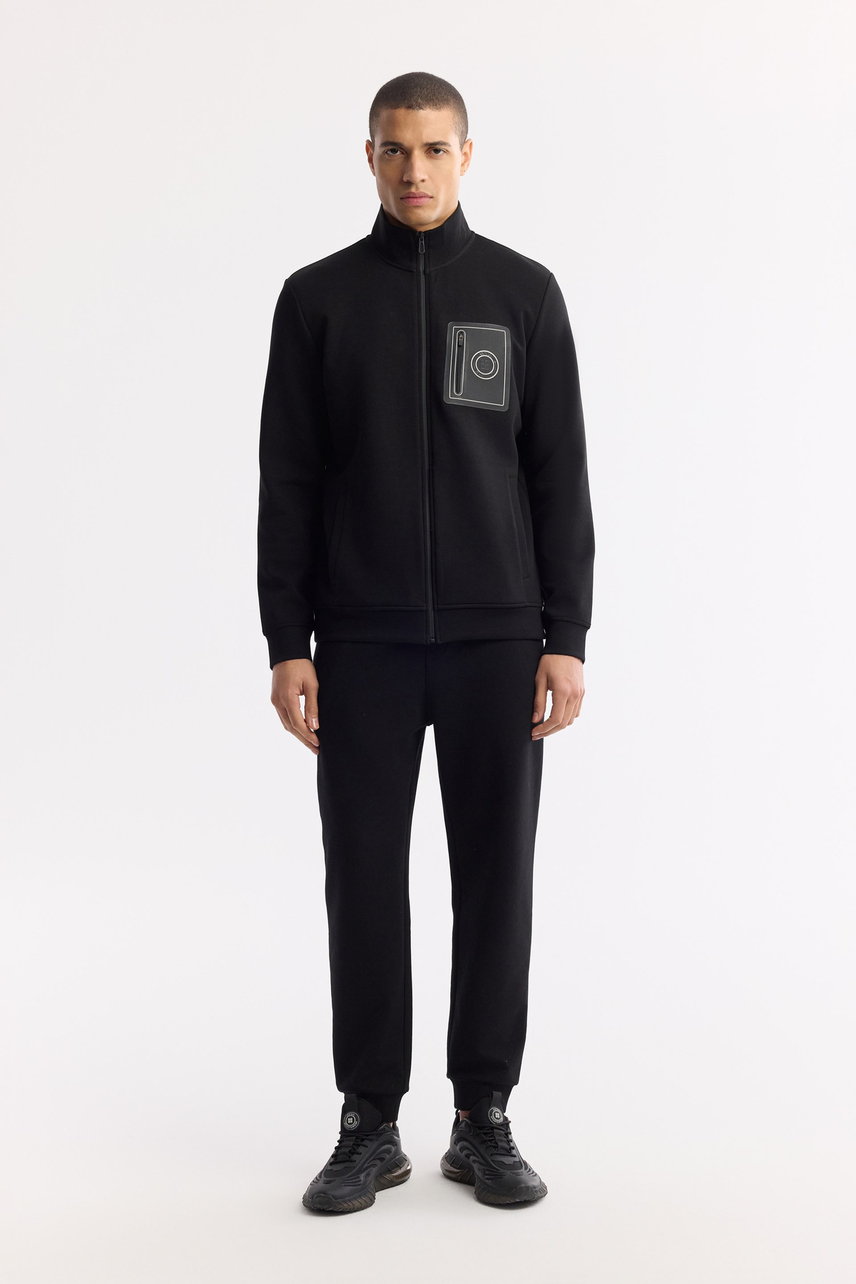 Siyah Dik Yaka Fermuarlı Bi-Stretch İnterlok Sweatshirt