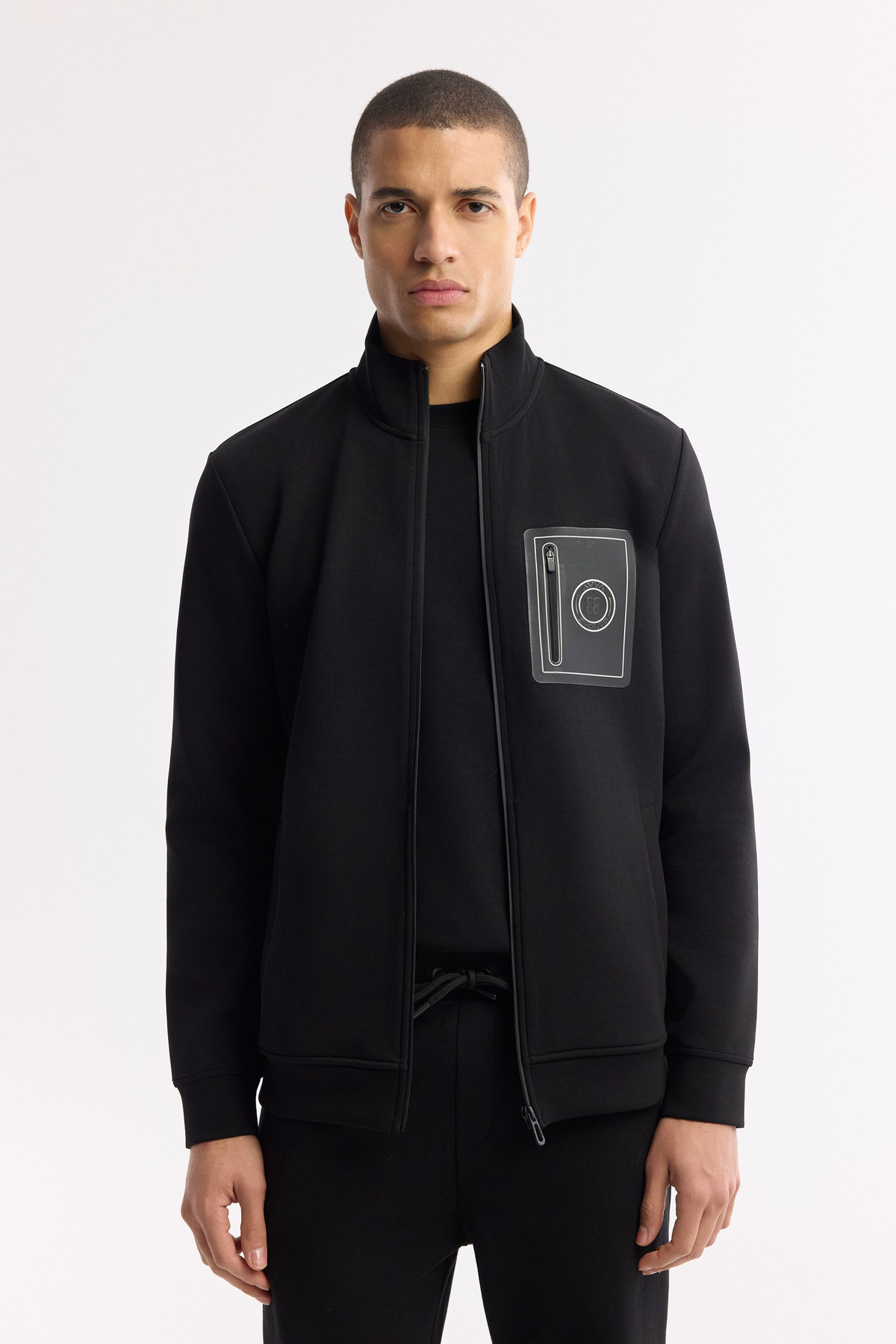 Siyah Dik Yaka Fermuarlı Bi-Stretch İnterlok Sweatshirt