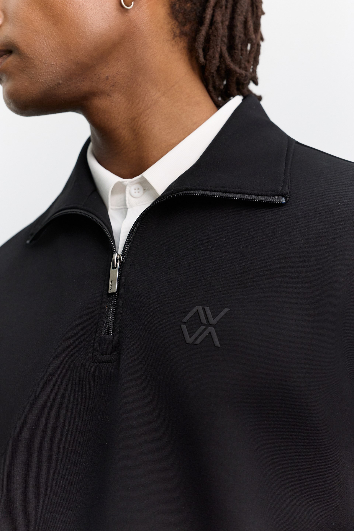 Siyah Dik Yaka Fermuarlı Göğüs Baskılı İnterlok  Sweatshirt
