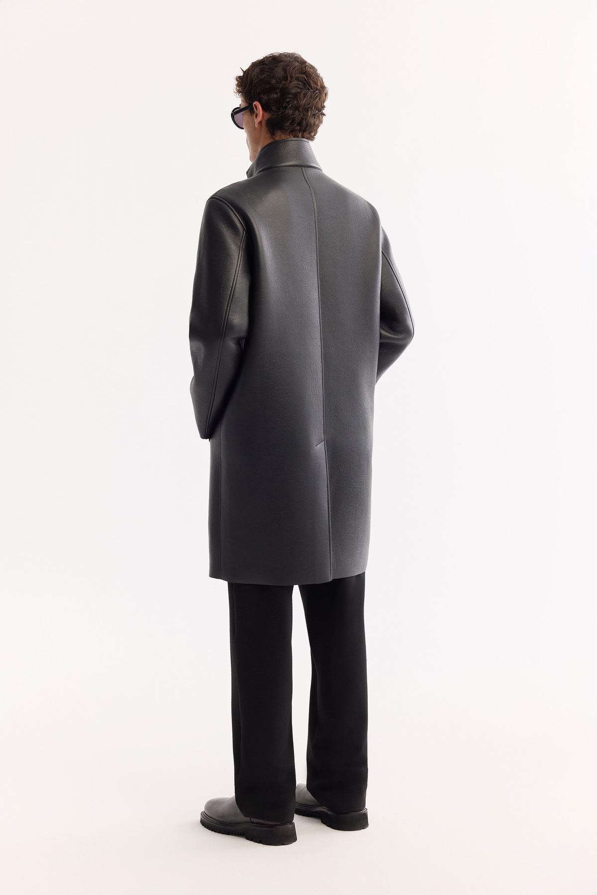 Black Long Windproof Napa Coat with Mock Neck