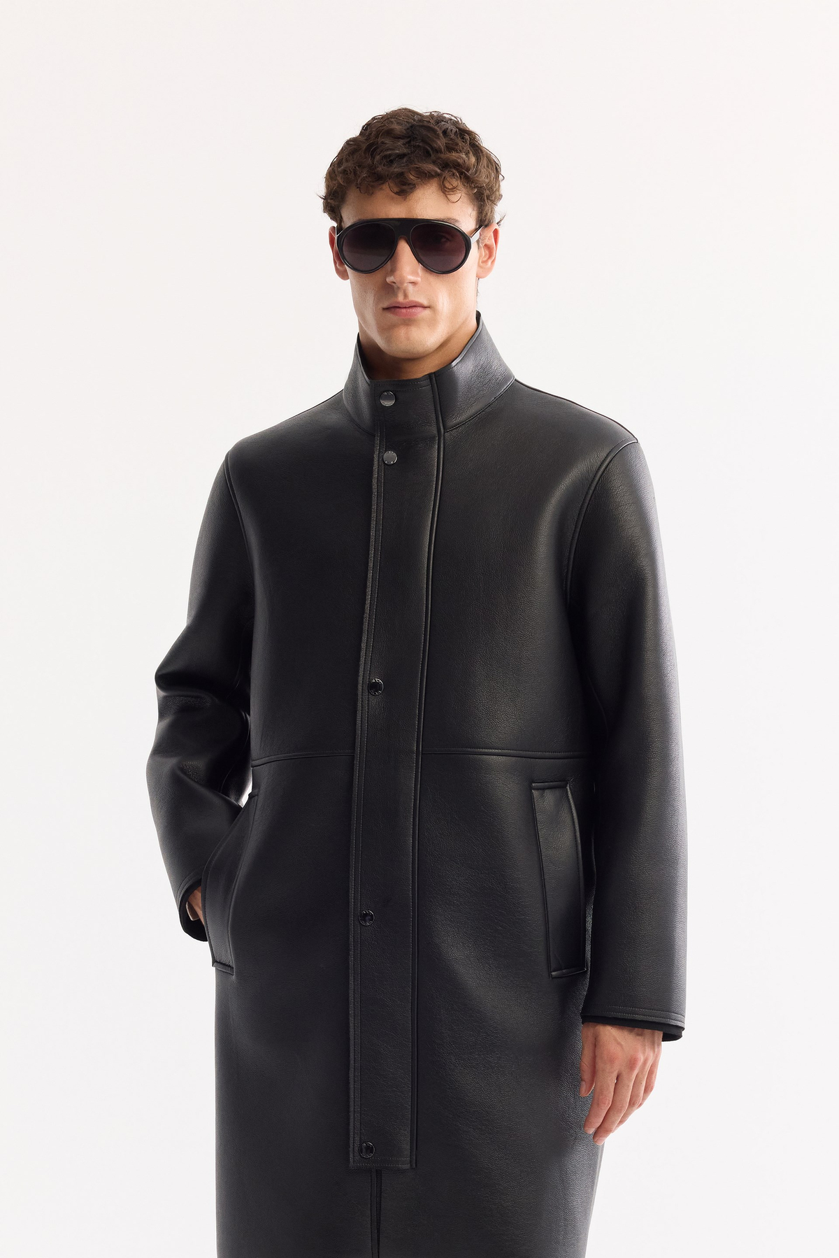 Black Long Windproof Napa Coat with Mock Neck