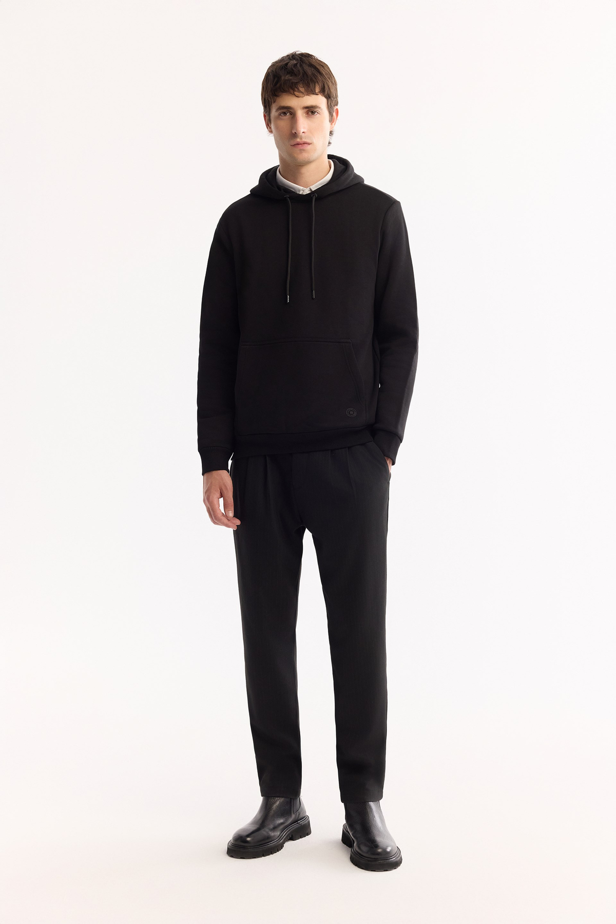 Siyah Kapüşonlu 3 İplik Şardonlu Pamuklu Sweatshirt