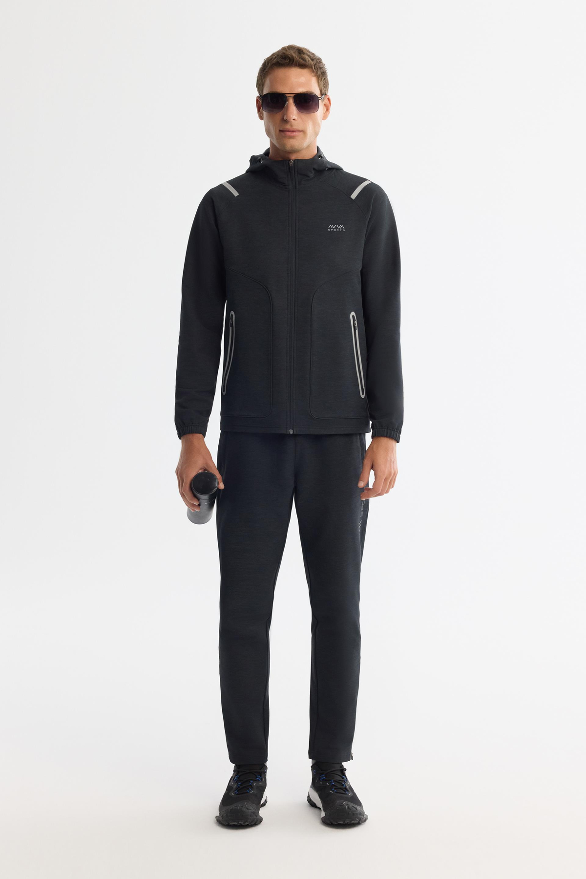 Siyah Kapüşonlu Fermuarlı Elastan Sweatshirt