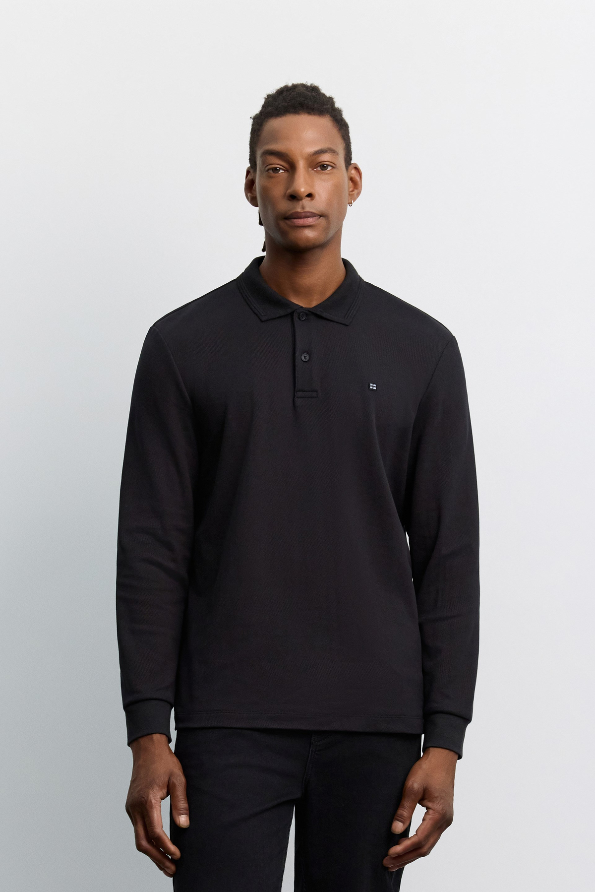 Siyah Kıvrılmaz Polo Yaka Kolay Ütülenen Basic Sweatshirt