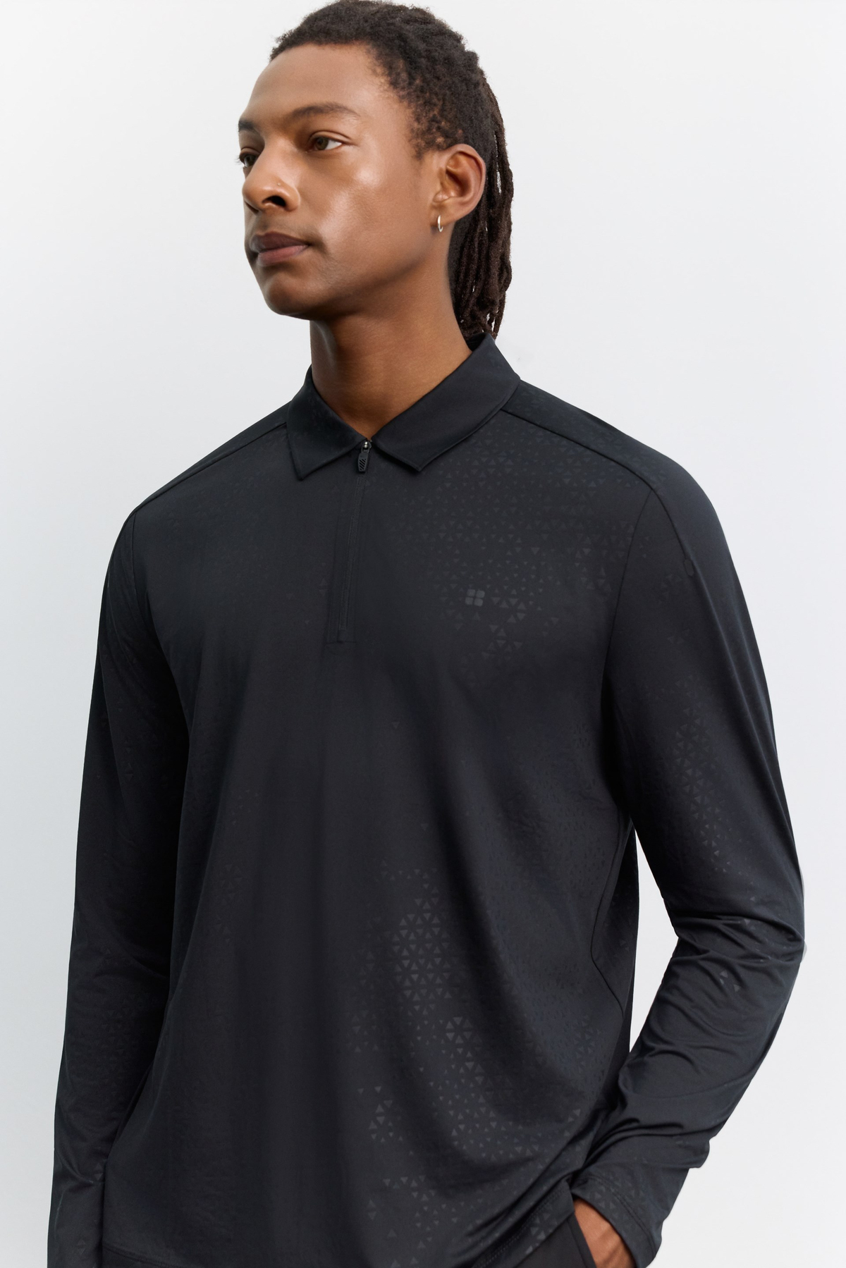 Siyah Polo Yaka Fermuarlı Metraj Baskılı Teknik T-Shirt