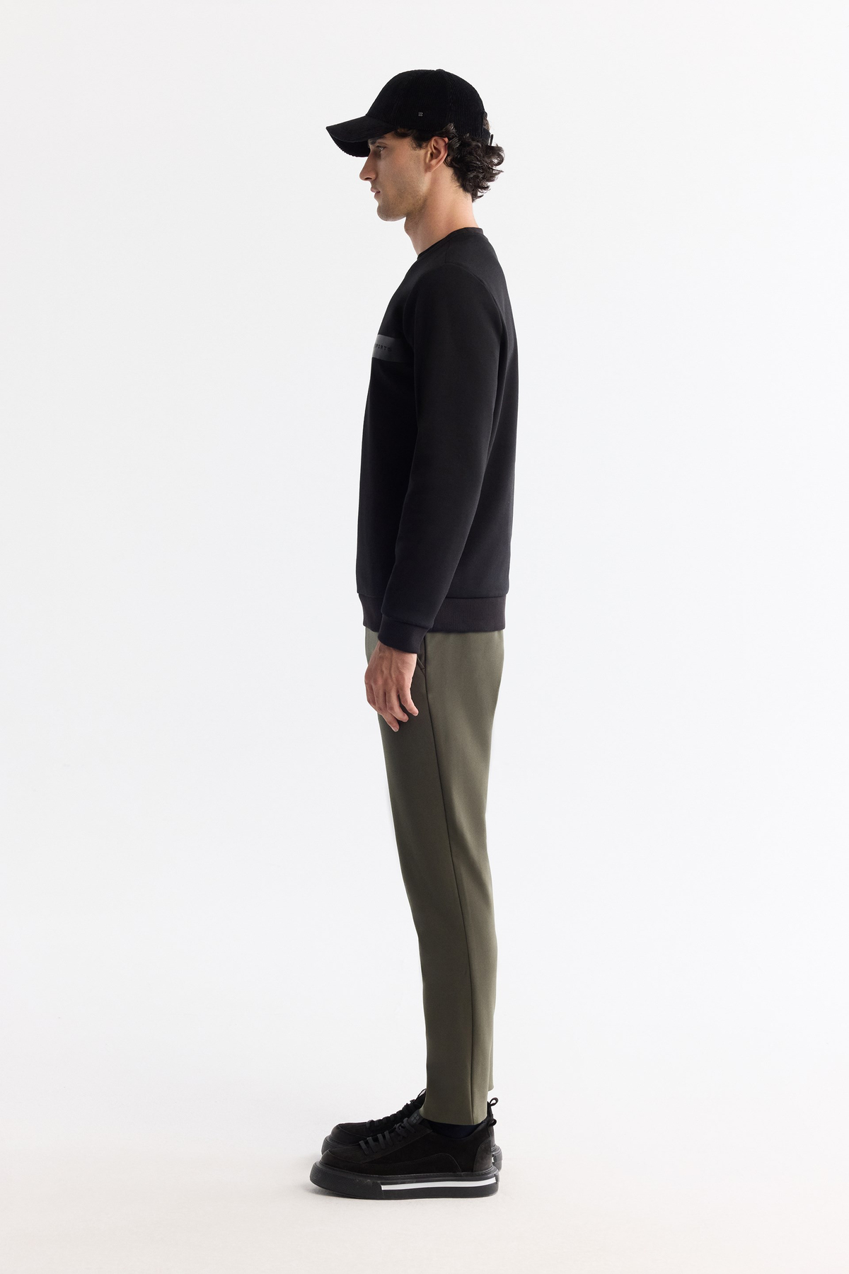 SiyahBisiklet Yaka Pamuklu Baskılı Elastan Sweatshirt