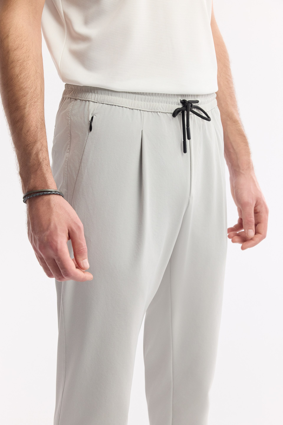 Stone Elastic Waist Drawstring Pleated Pants