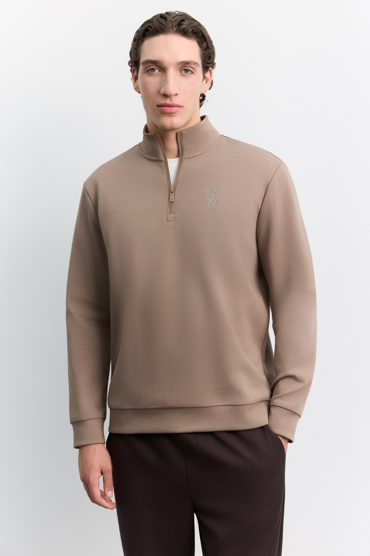 Vizon Dik Yaka Fermuarlı Baskılı Kolay Ütülenen Pamuklu Sweatshirt