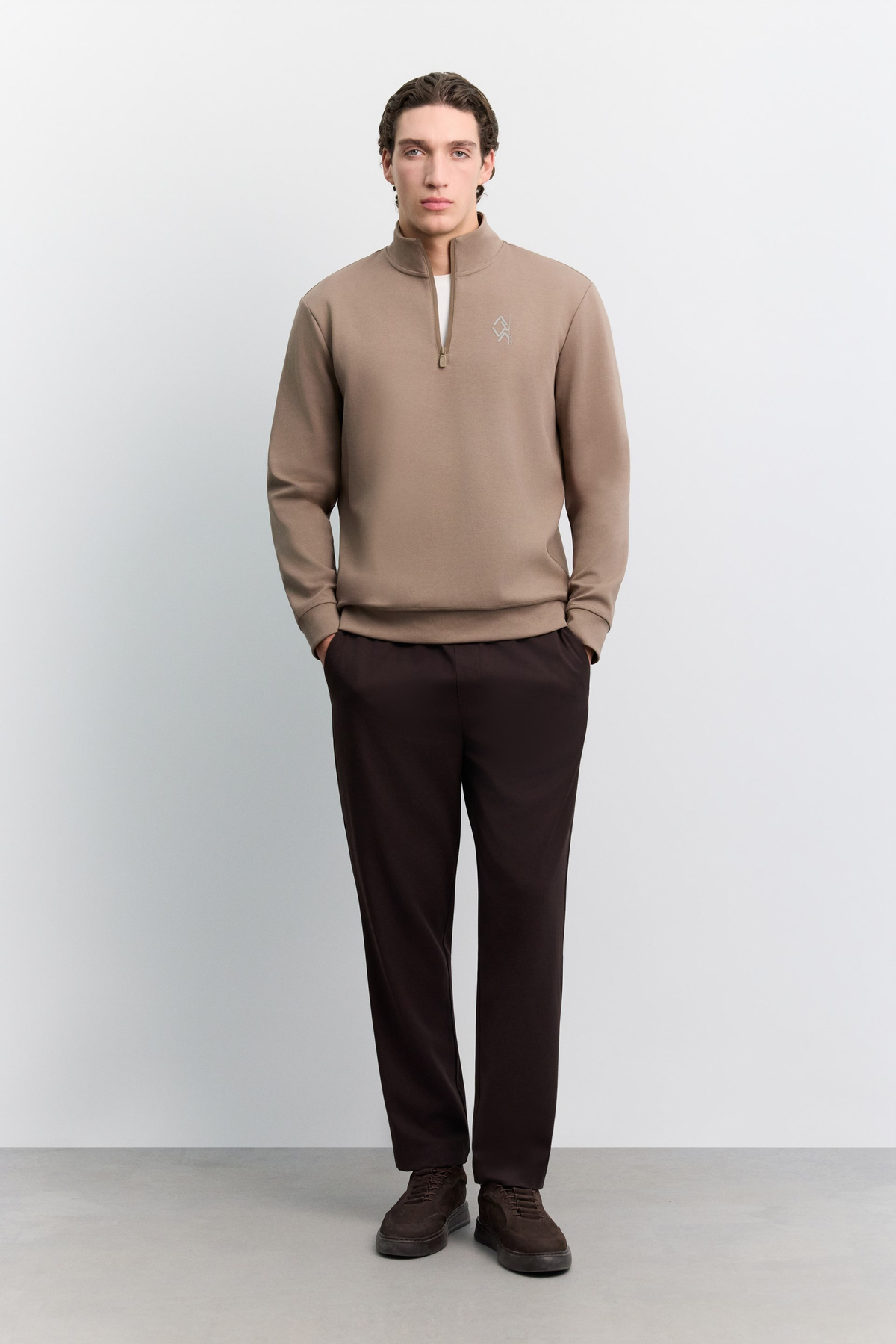 Vizon Dik Yaka Fermuarlı Baskılı Kolay Ütülenen Pamuklu Sweatshirt