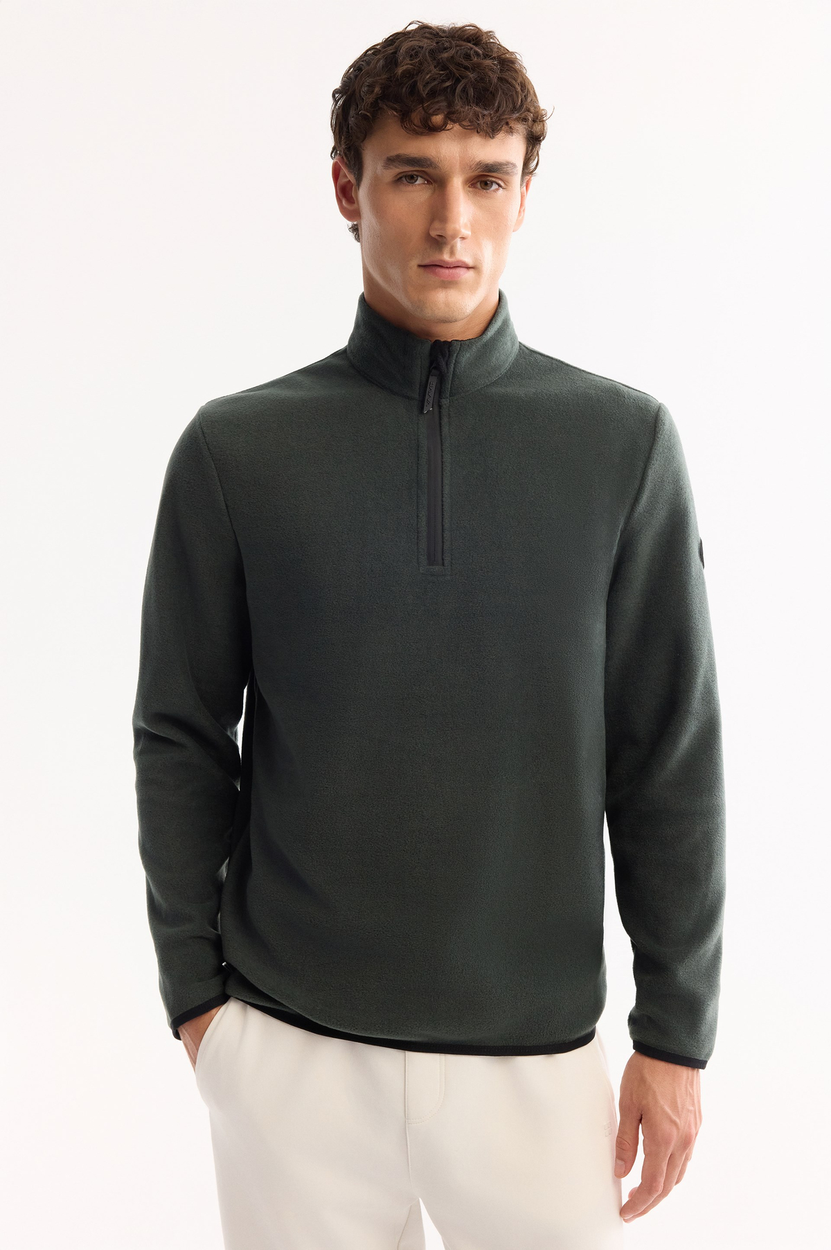 Yeşil Dik Yaka Fermuarlı Soft Touch Polar Sweatshirt