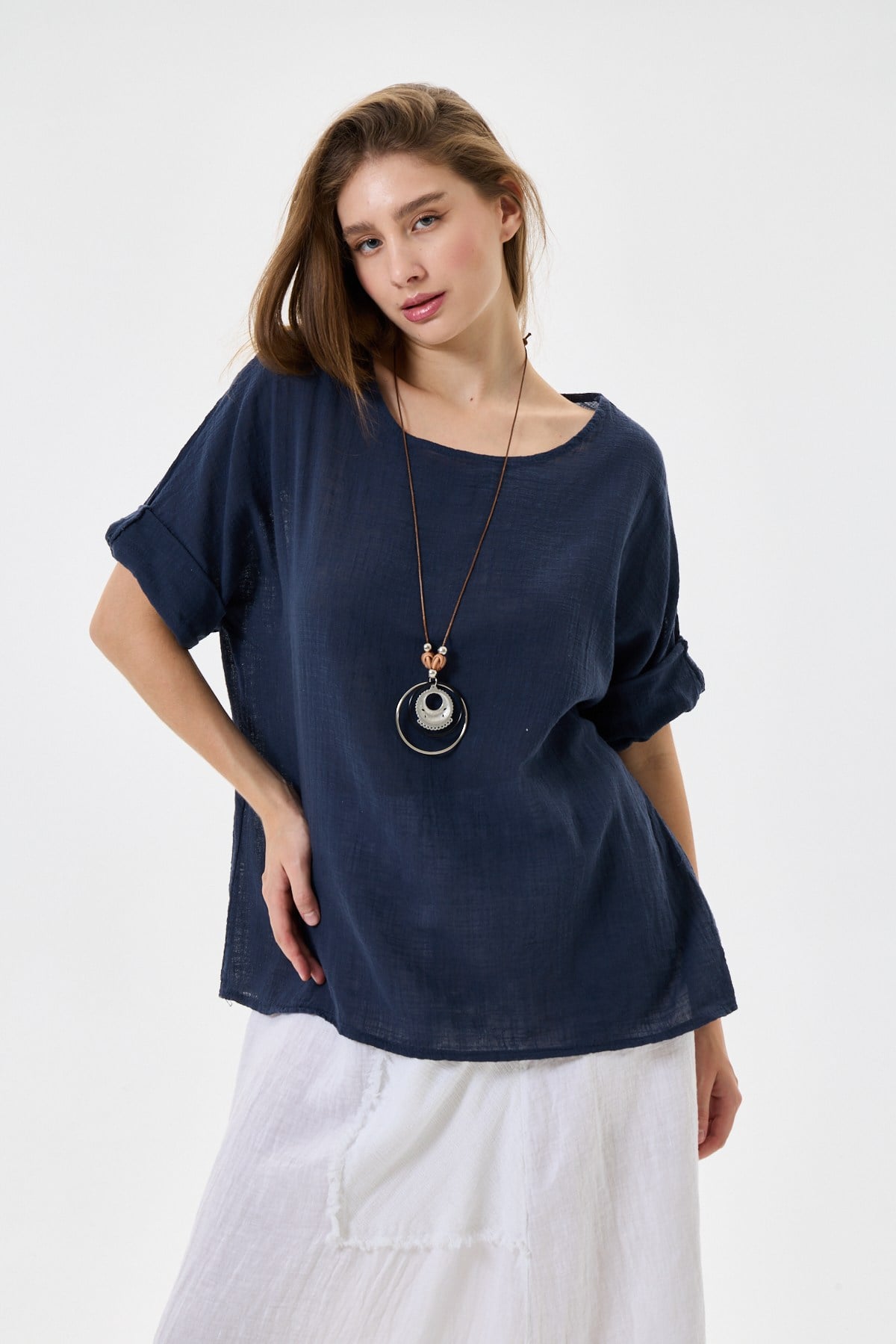 İtalyan Kolyeli Oversize Bluz 40 - 44 Beden