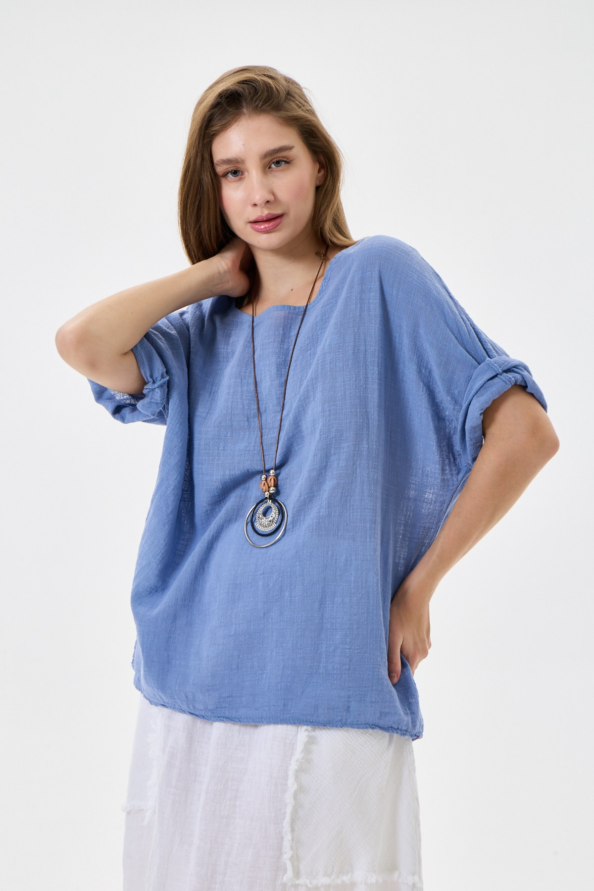 İtalyan Kolyeli Oversize Bluz 40 - 44 Beden