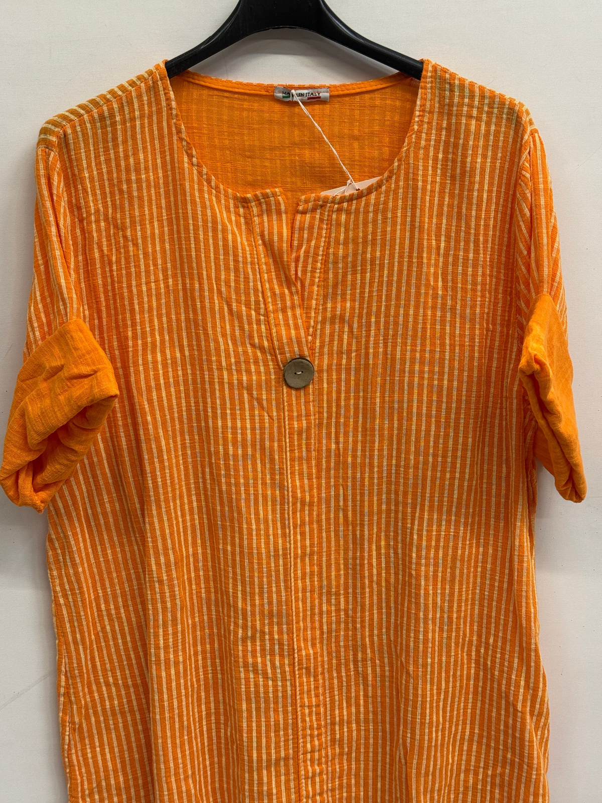 Turuncu Kadın İtalyan Çizgi Desenli Yarım Kol Açık Yaka Oversize Bluz 40 - 44 Beden