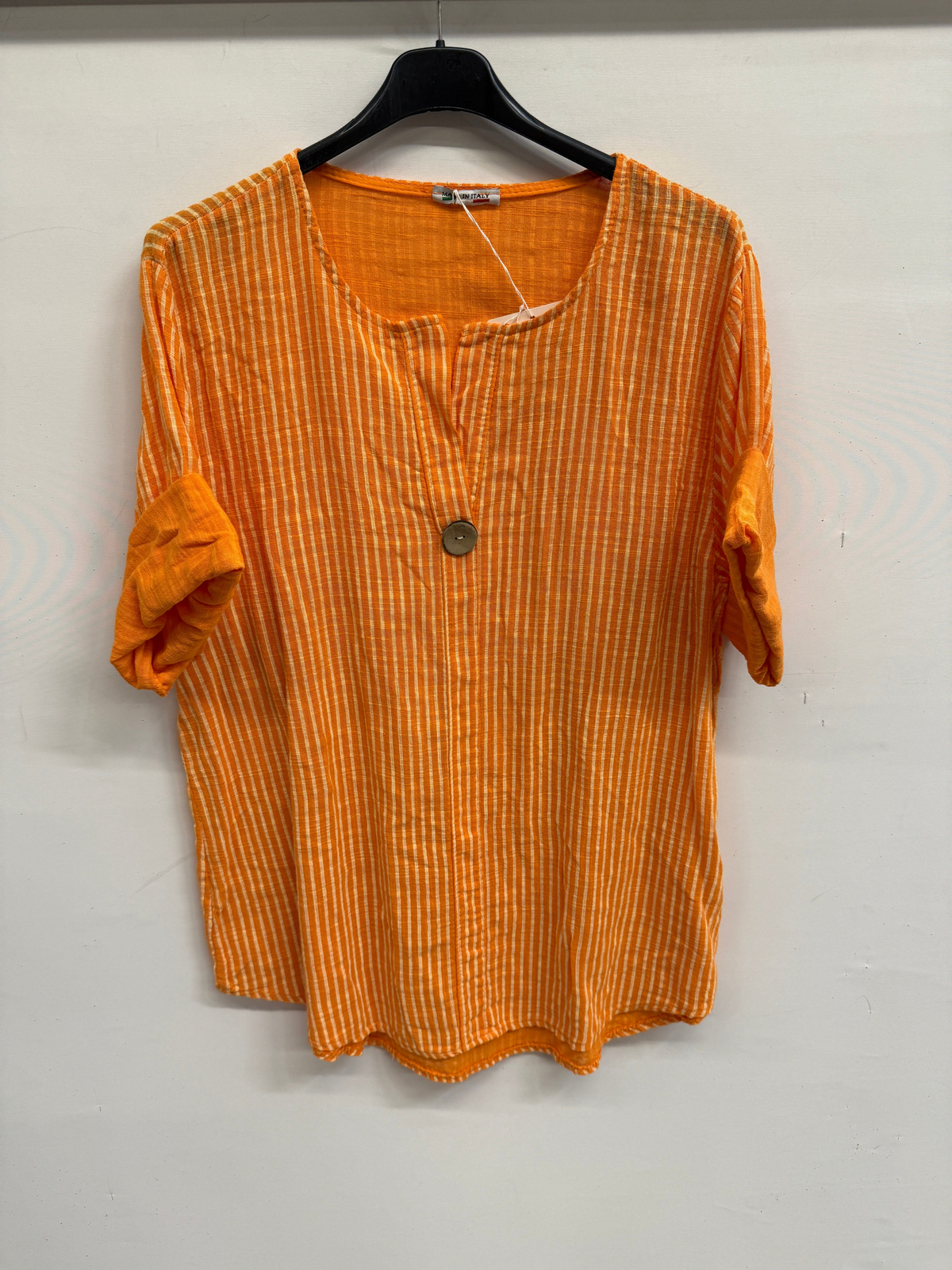 Turuncu Kadın İtalyan Çizgi Desenli Yarım Kol Açık Yaka Oversize Bluz 40 - 44 Beden