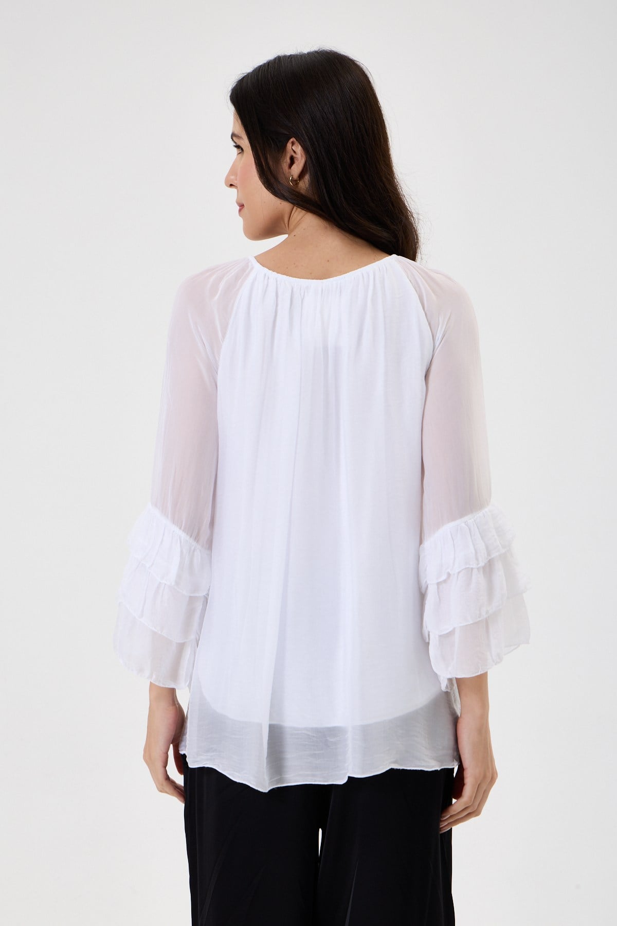 Beyaz Kadın İtalyan Lastikli Madonna Yaka Fırfırlı İspanyol Kol Astarlı İpek Bluz 38 - 44 Beden