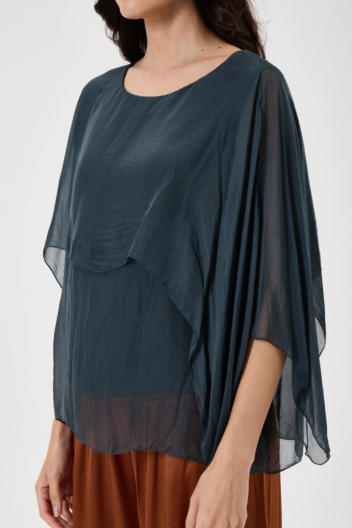 Dark Grey İtalyan Panço Kol Astarlı İpek Bluz 38 - 42 Beden